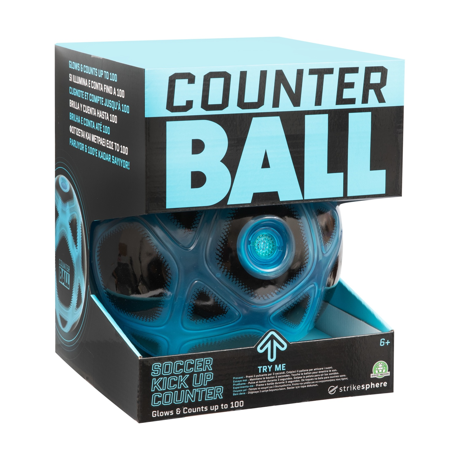 Pallone blu Soccer Kick Up Counter in confezione, si illumina e conta fino a 100.