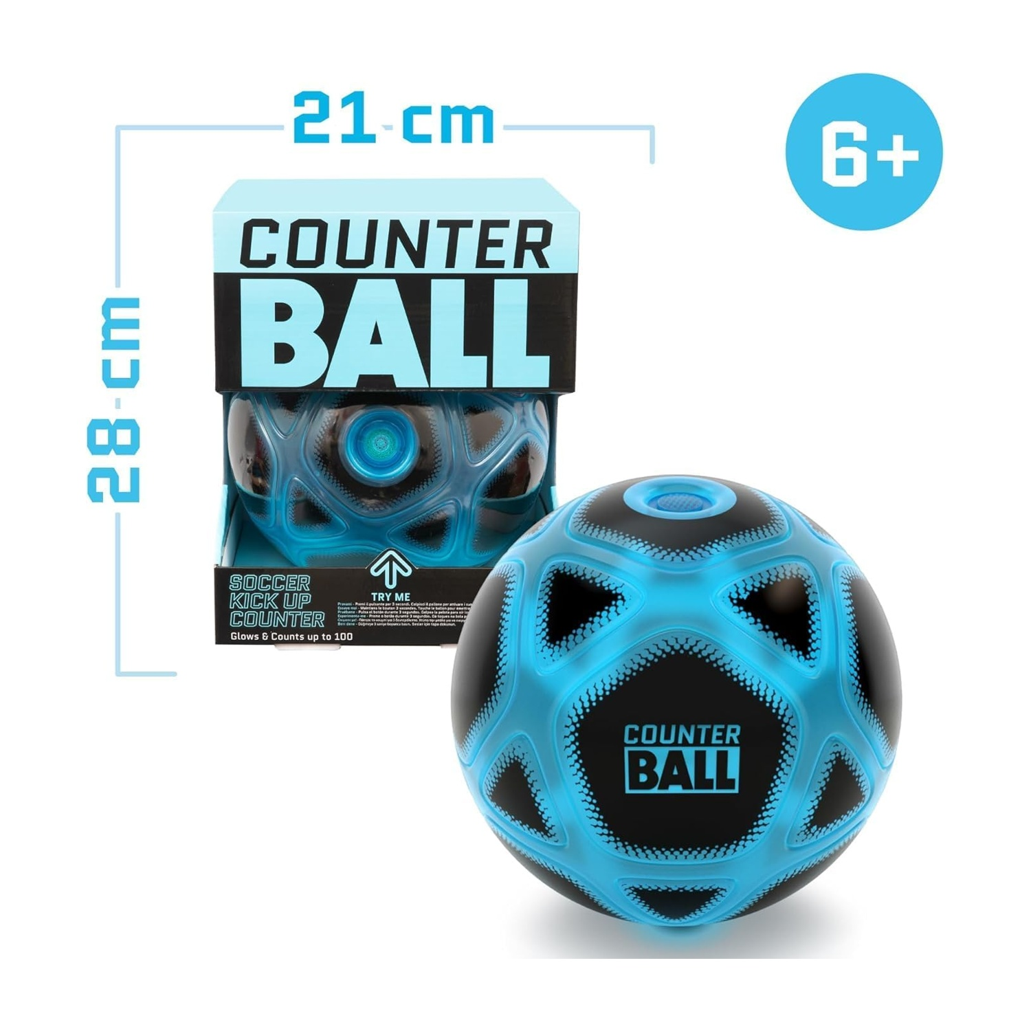 Un pallone da calcio blu e nero con etichetta 'Counter Ball' e classificazione per età 6+.