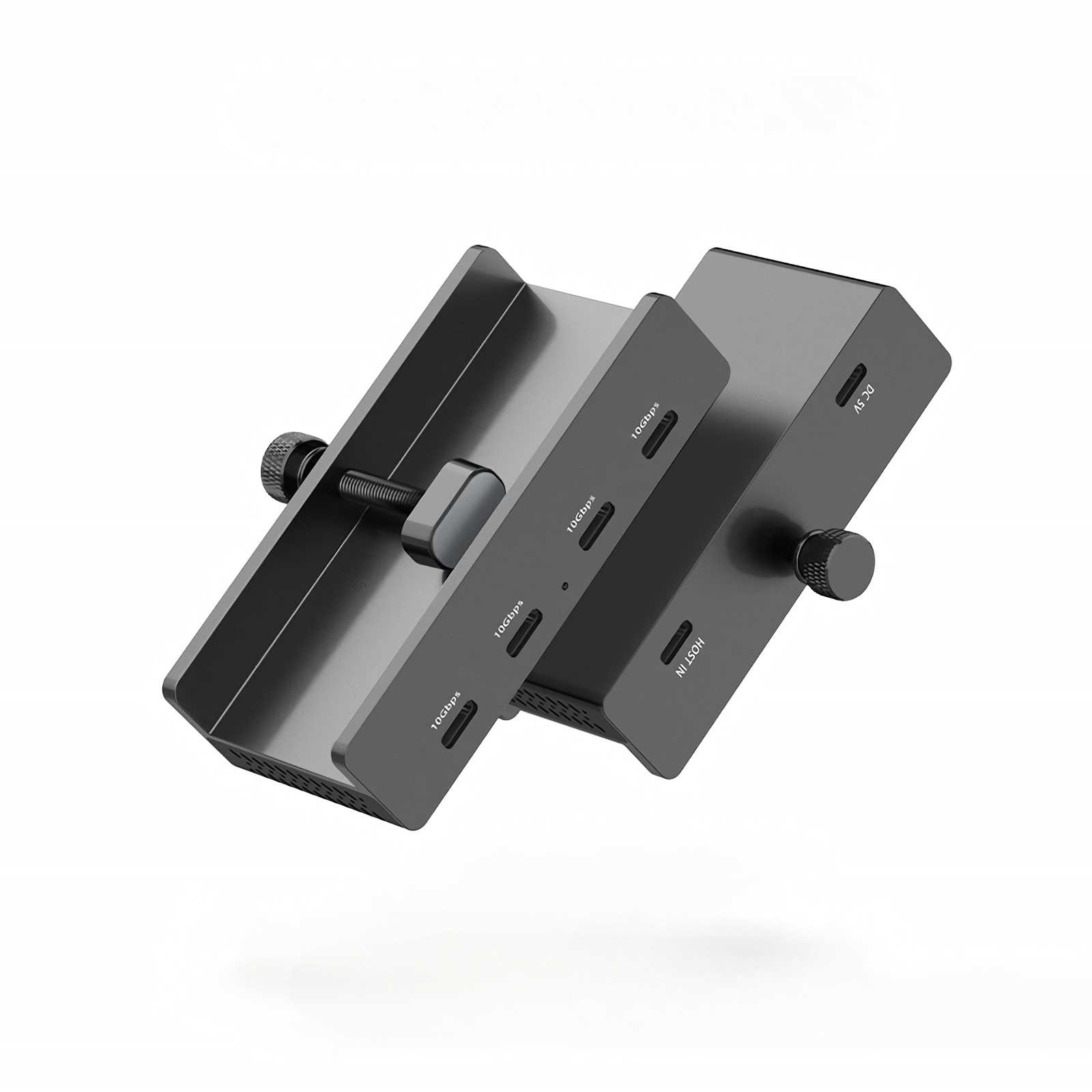 Ein dunkler USB-C-Hub mit mehreren Anschlüssen, darunter 10Gbps und DC 5V.