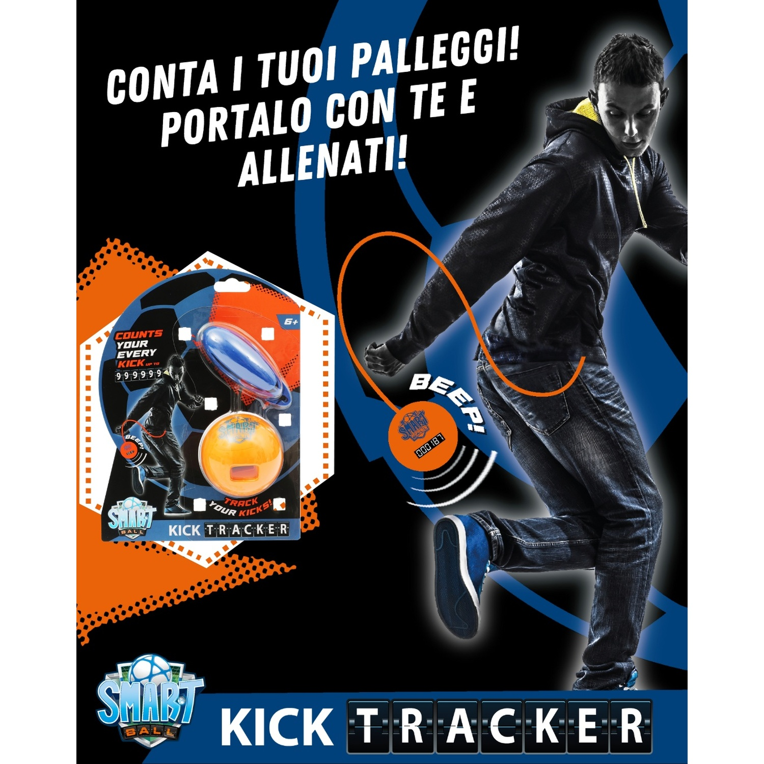 Uomo che calcia un pallone, confezione del prodotto con pallone arancione e contatore.