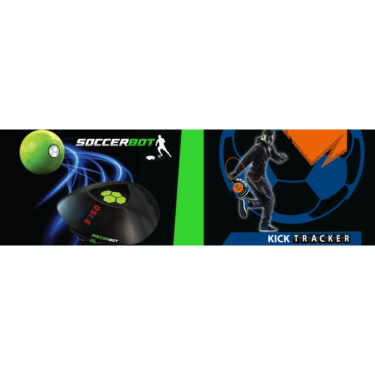 Attrezzatura da allenamento per calcio verde con display digitale e un uomo che calcia.