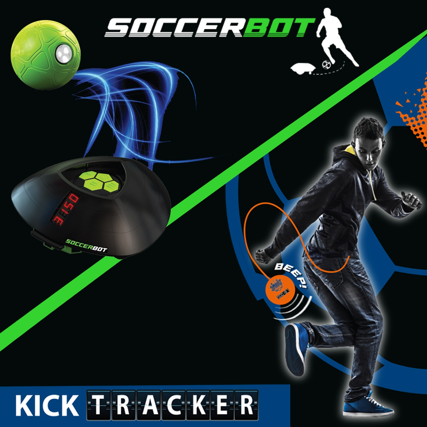 Tracciatore di calci Soccerbot con pallone verde, dispositivo nero e persona che calcia.