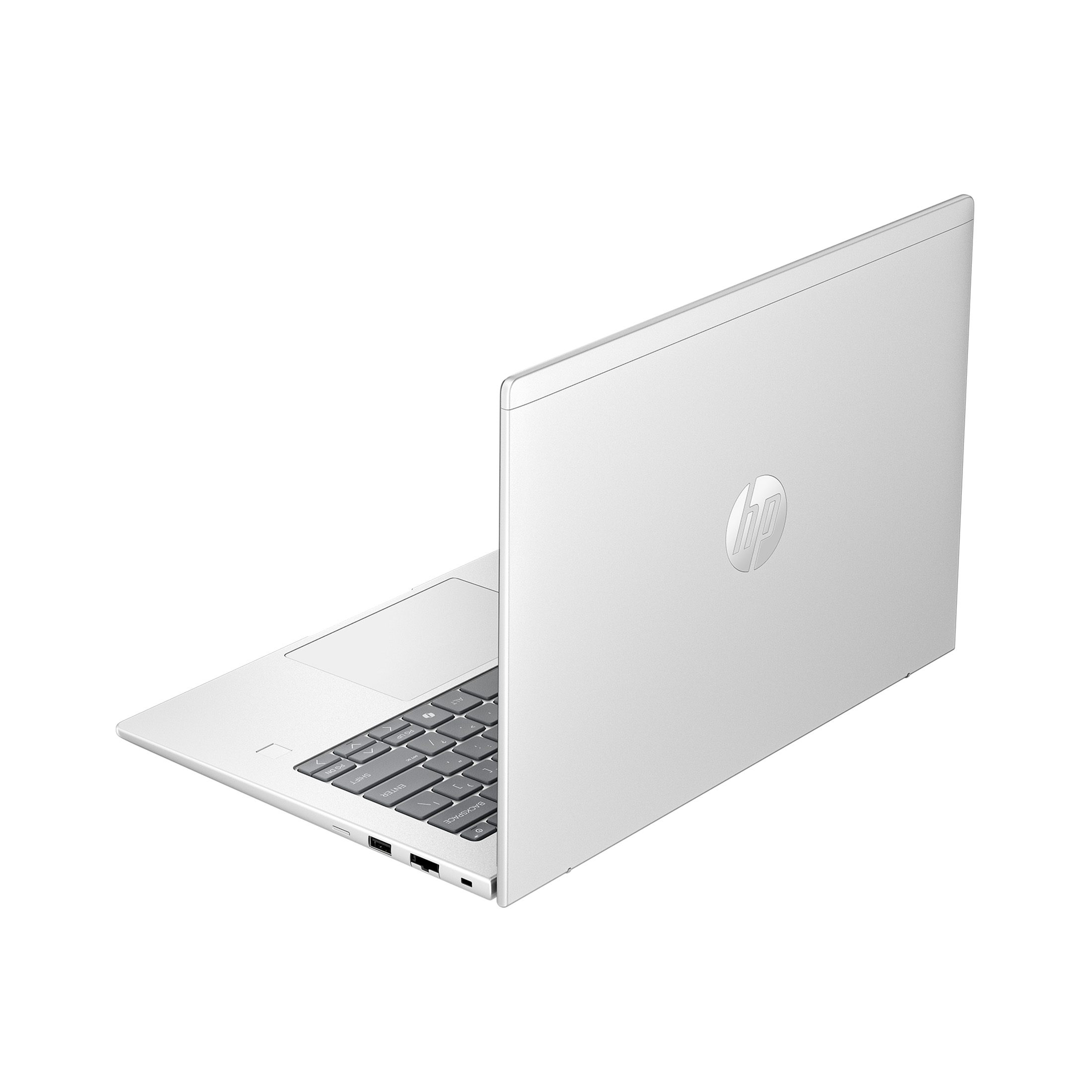 Ein silberner HP Laptop ist geöffnet und steht auf einem weißen Hintergrund.