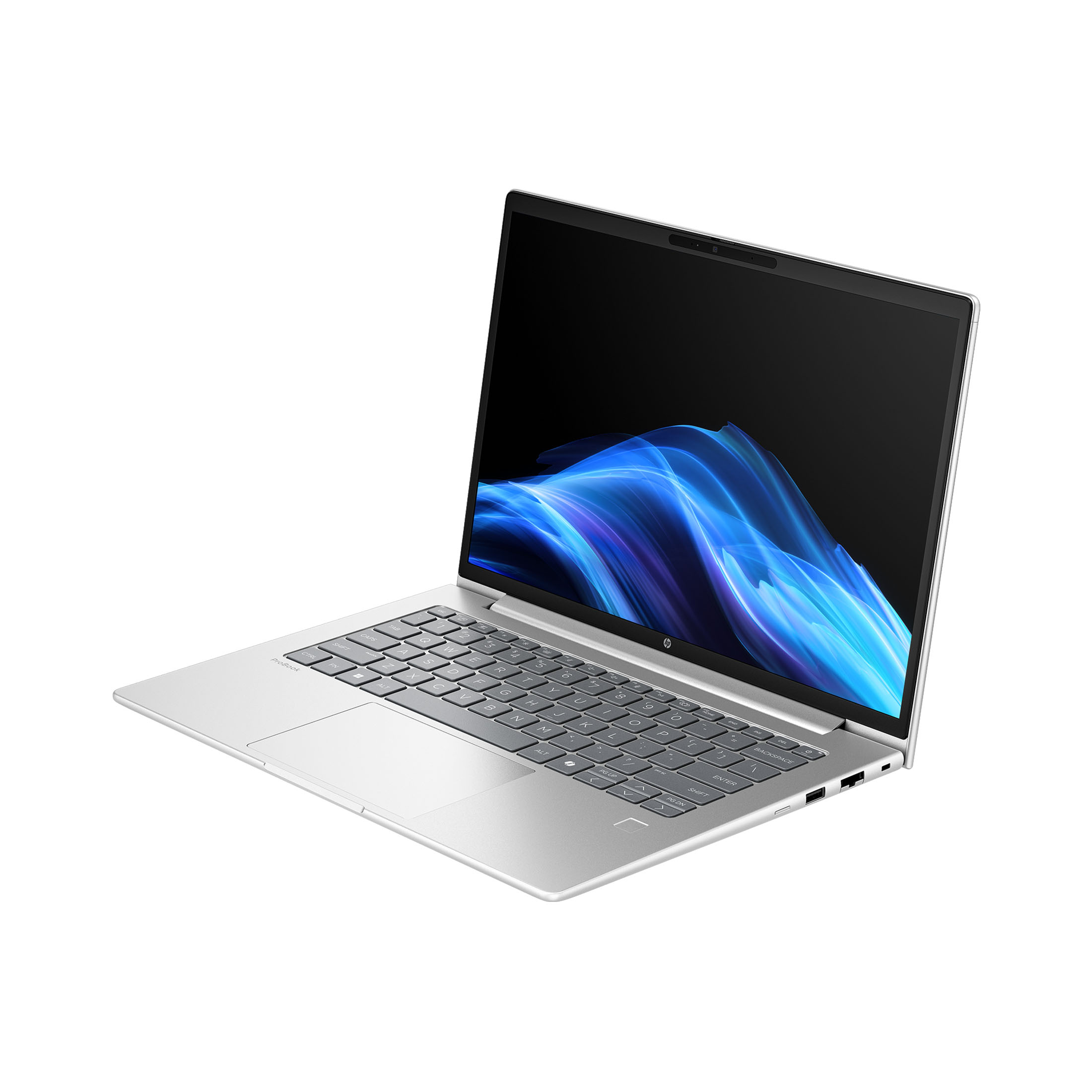 Ein silberner Laptop mit blau-weißer abstrakter Anzeige auf dem Bildschirm.