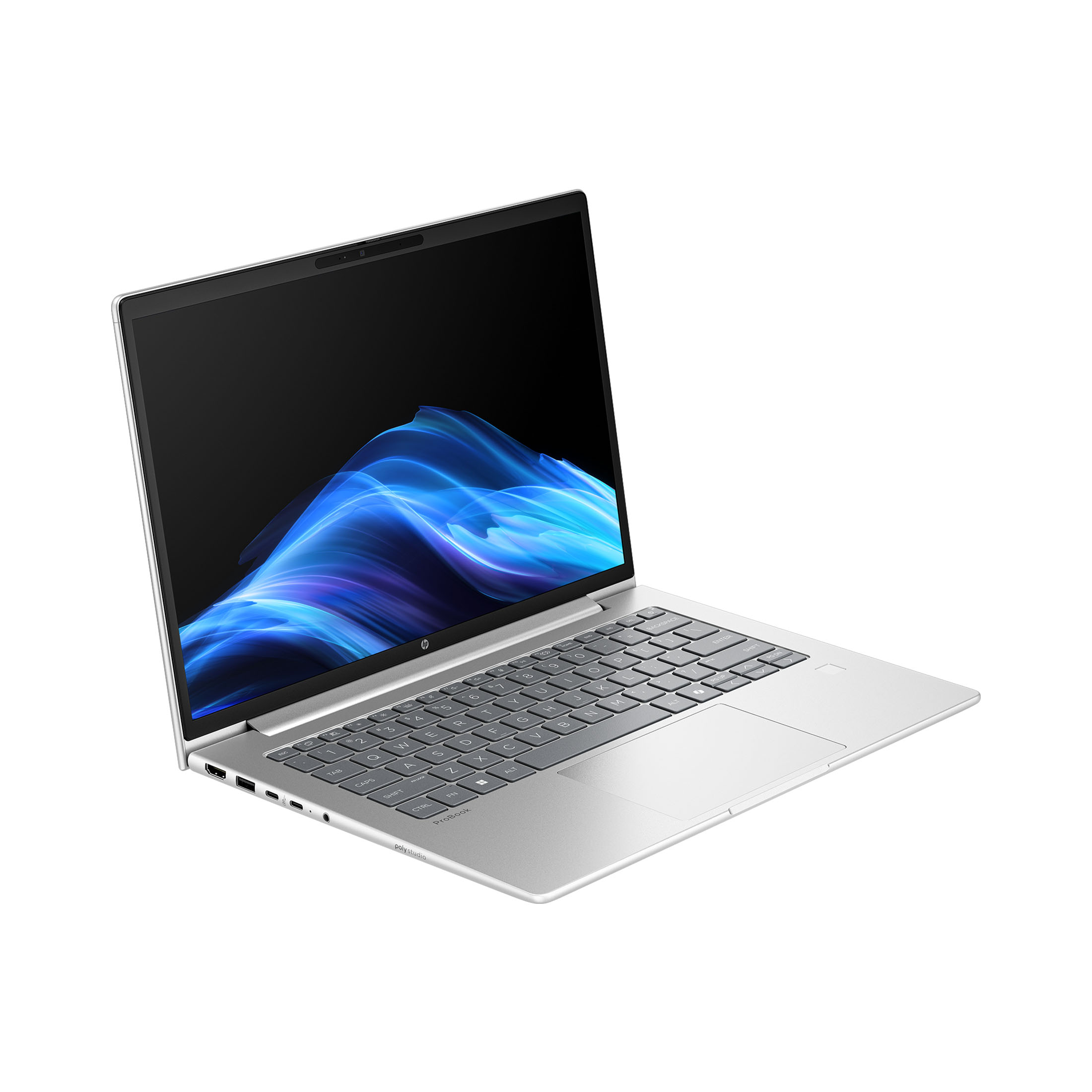 Ein silberner Laptop mit beleuchteter Tastatur und einem dynamischen blauen Hintergrundbild.