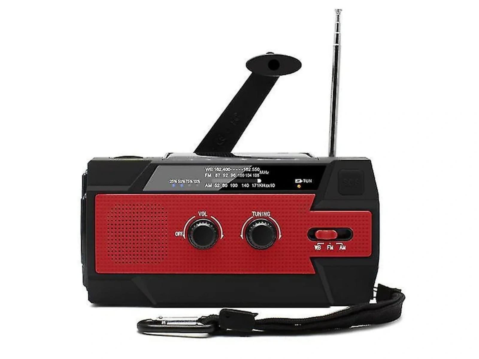 Ein schwarzer und roter Notfallradio mit Antenne, Lautstärkeregler und Frequenzwahl.