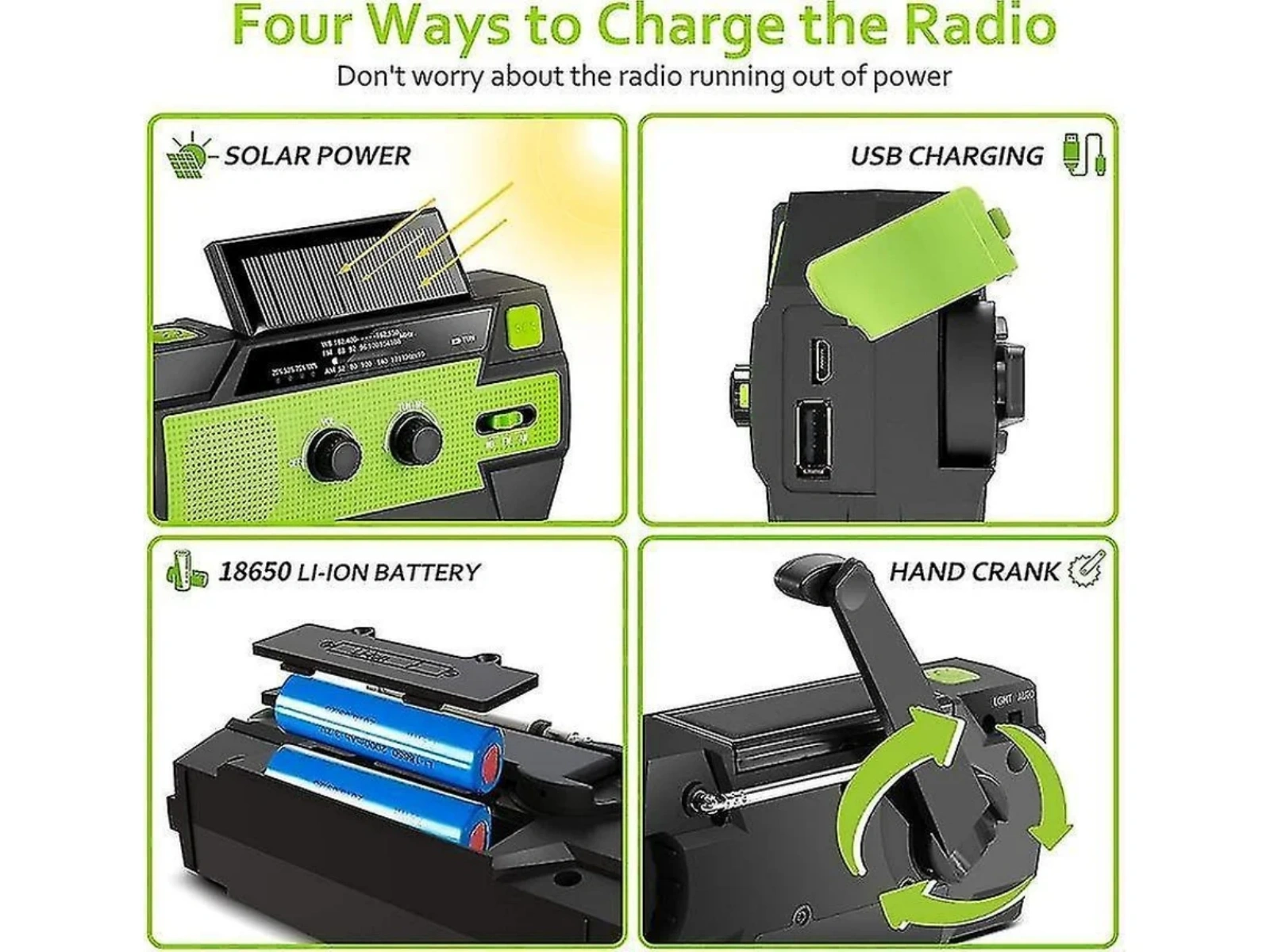 Vier Lademöglichkeiten für das Radio: Solar, USB, Akku, Handkurbel.