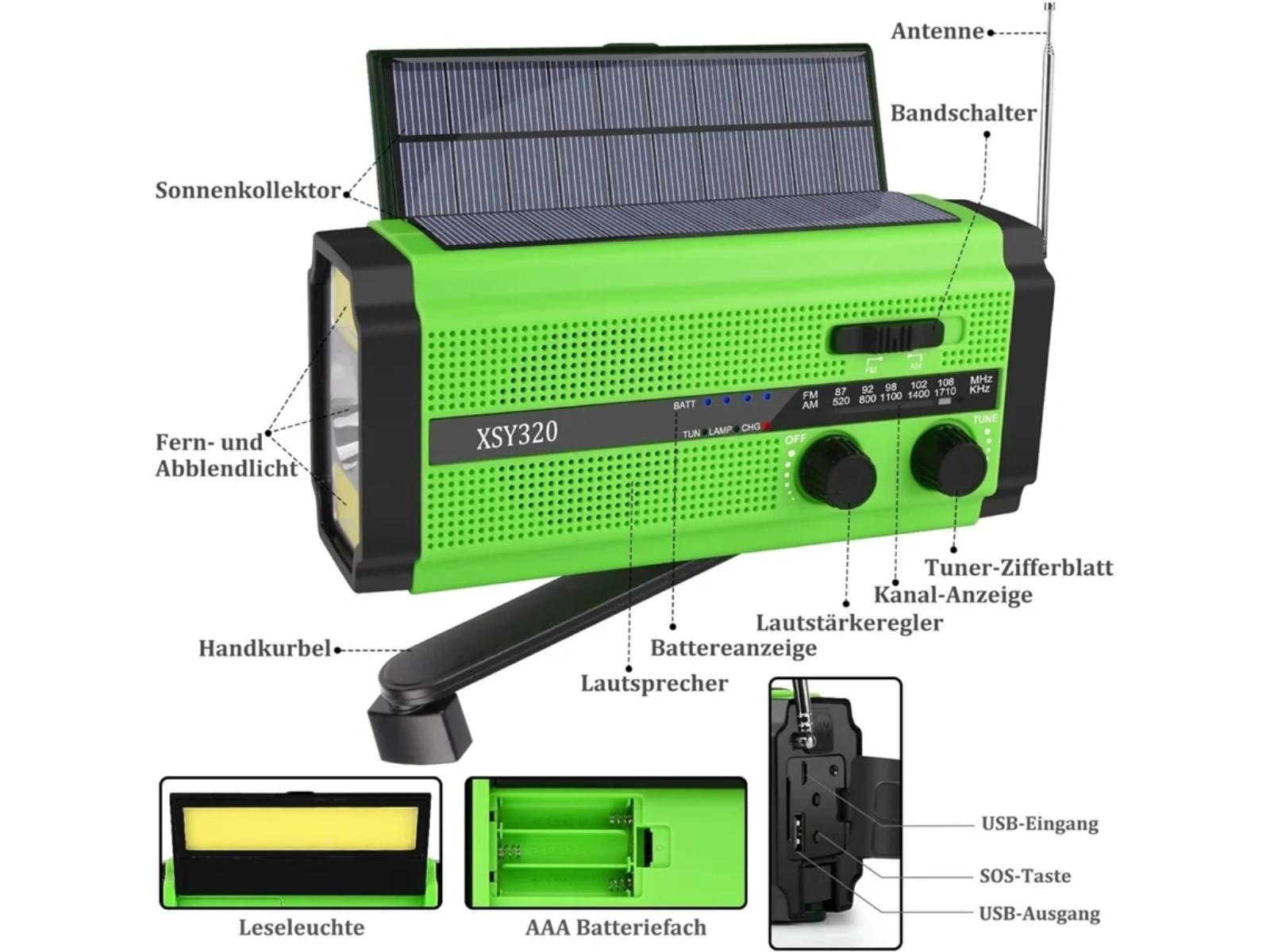 Grünes Notfallradio mit Solarpanel, Kurbel, Taschenlampe und Lautsprecher.