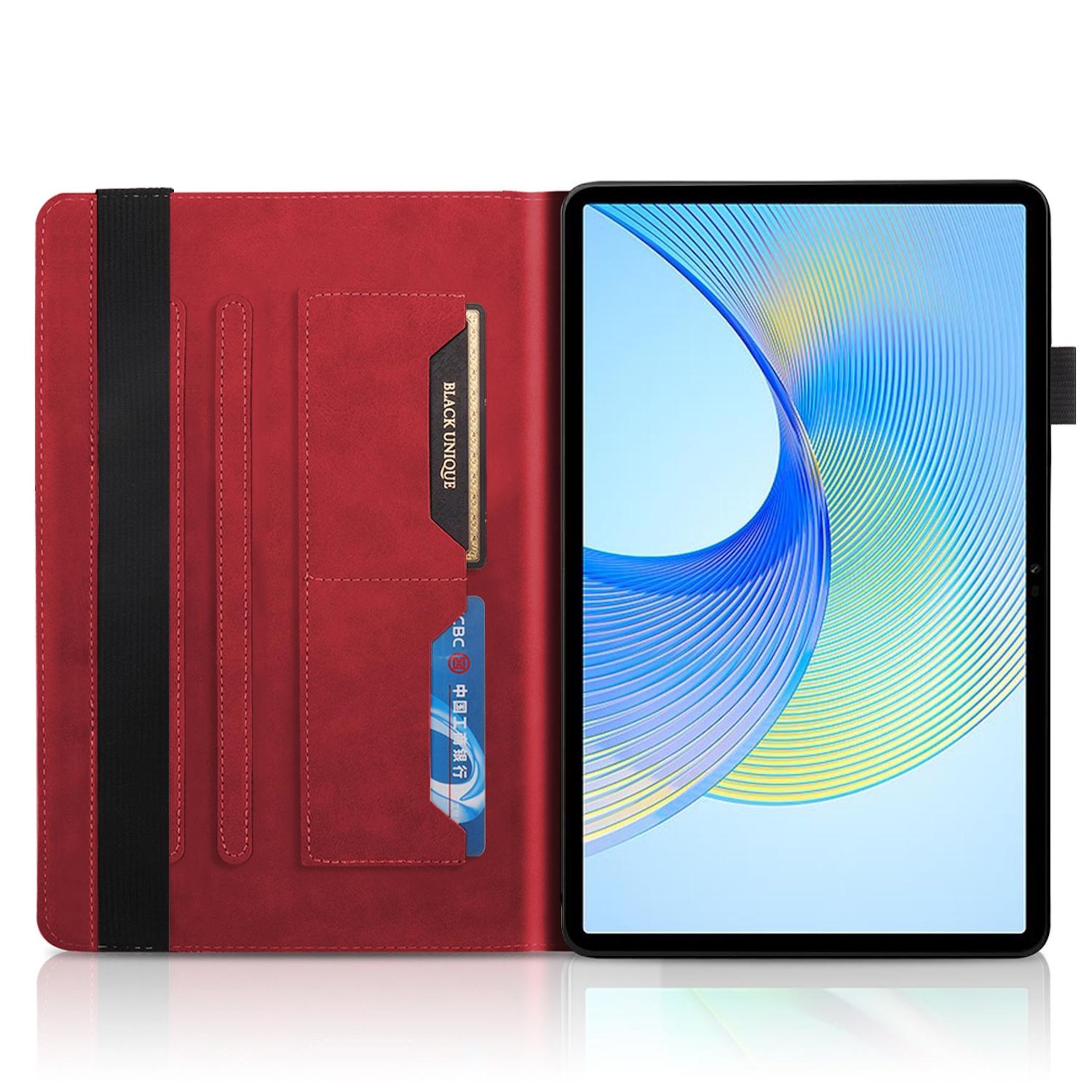 Custodia rossa per tablet con slot per schede e un tablet con sfondo blu.
