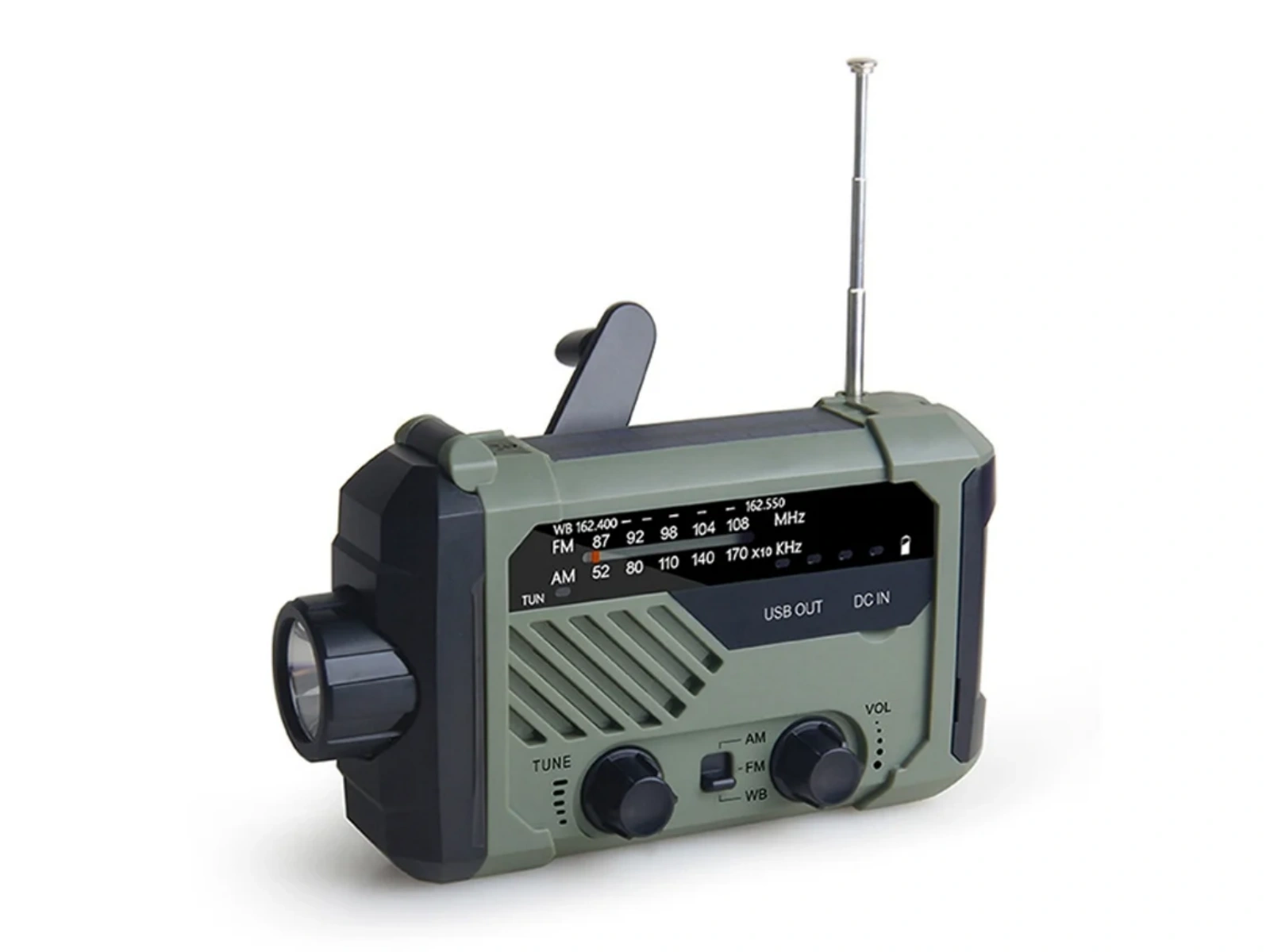Ein grüne Notfallradio mit Kurbel, Taschenlampe, Antenne und Knöpfen.