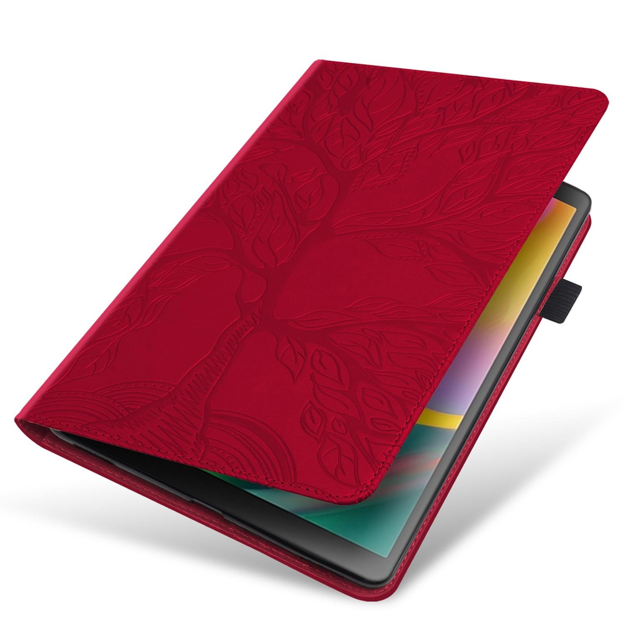 Custodia rossa per tablet con rilievo ad albero, su sfondo bianco.