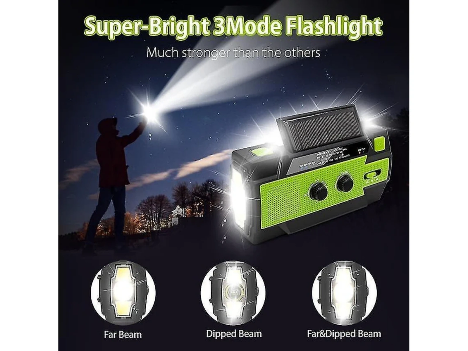 Grünes Multifunktionsgerät bei Nacht mit Lichtkegel und 3 Beleuchtungsmodi.