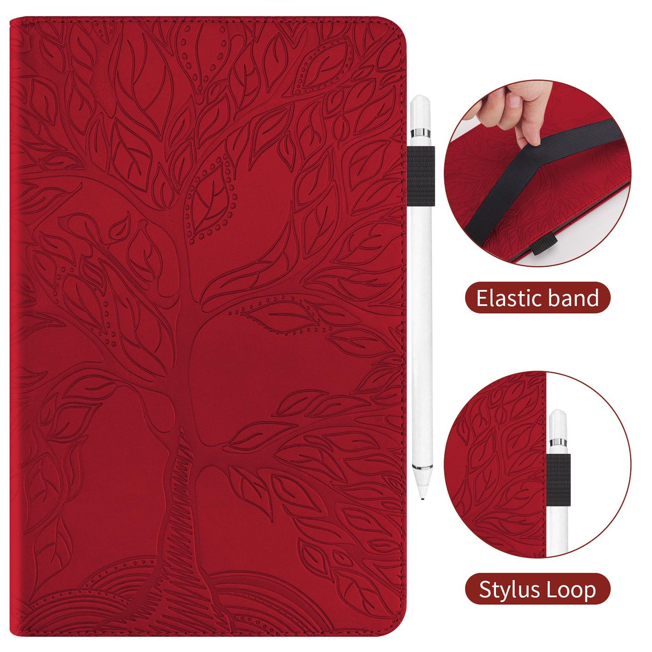 Copertina rossa con disegno ad albero, stilo e fascia elastica.
