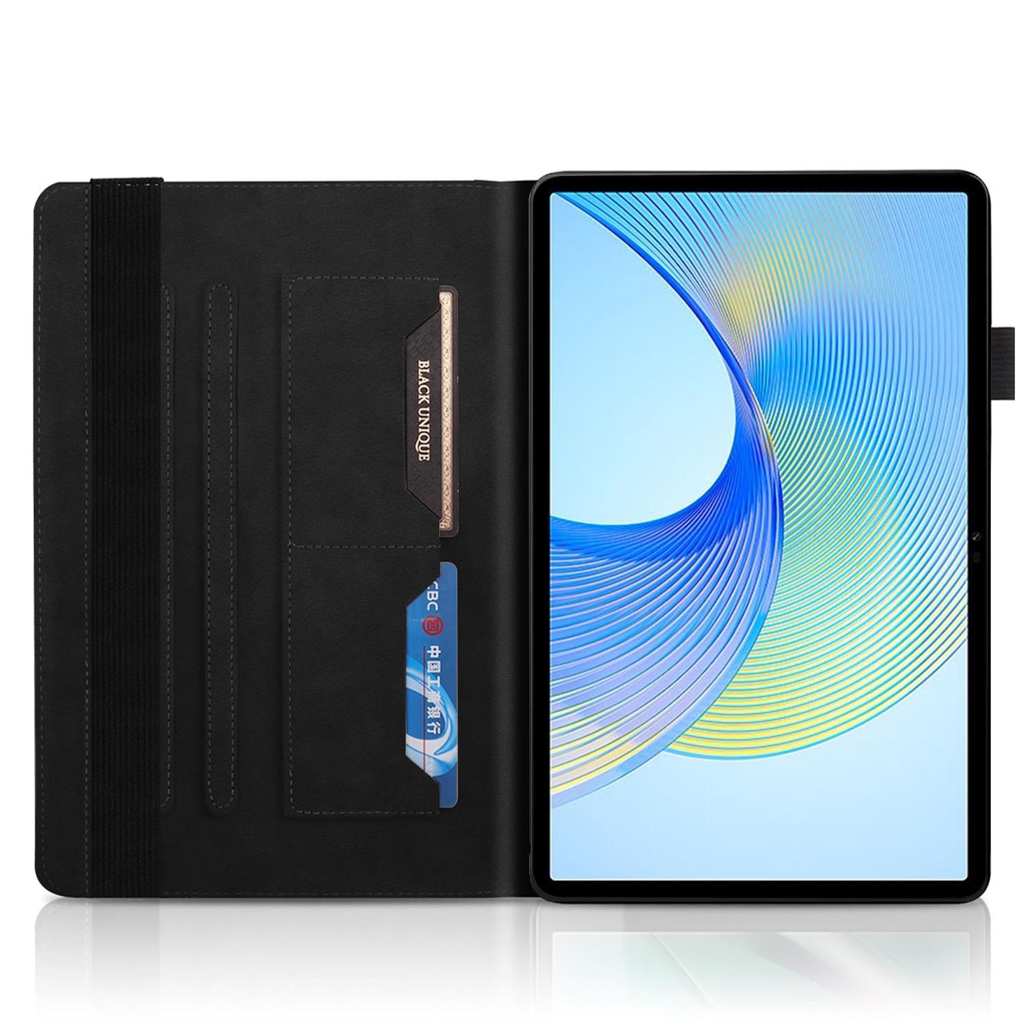 Un tablet nero in custodia, con slot per carte sul lato sinistro.