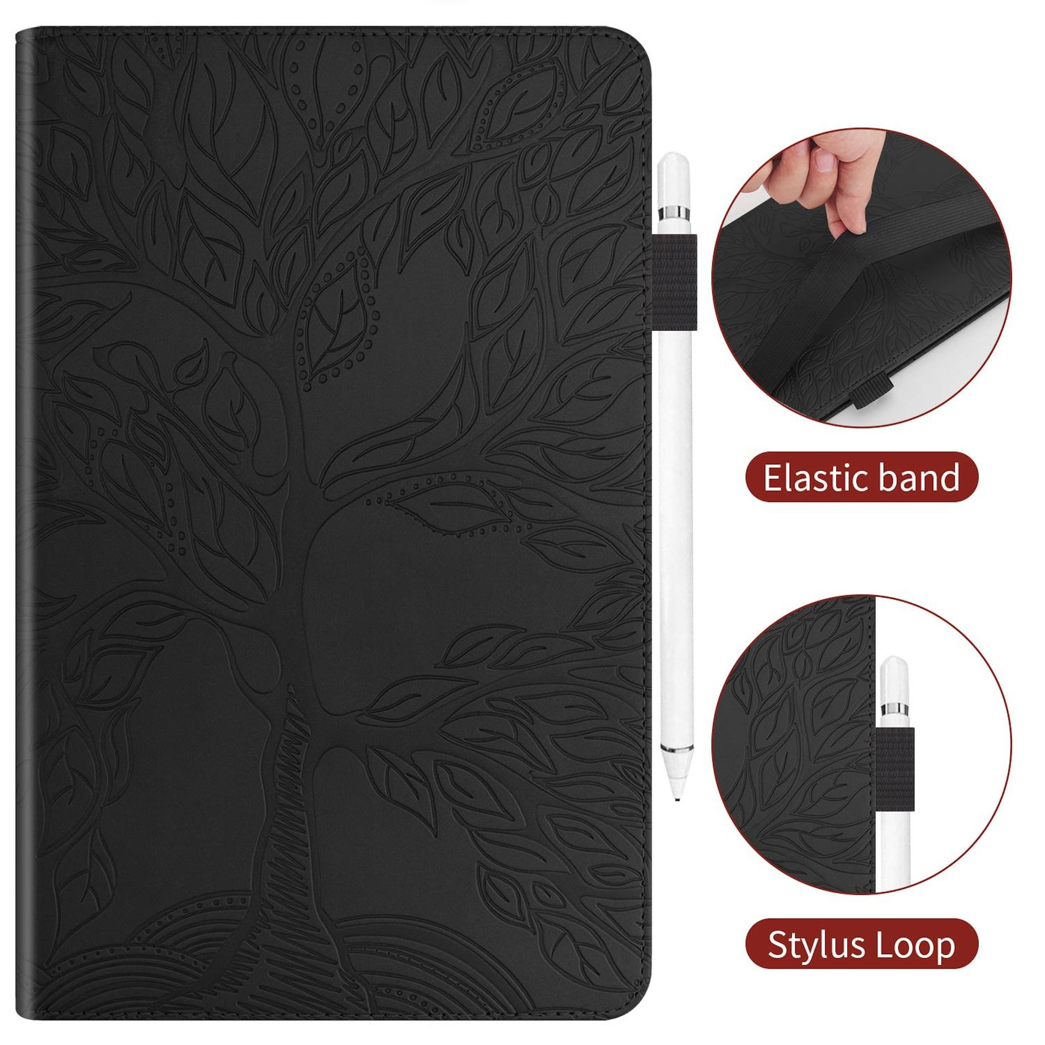 Custodia nera con rilievo ad albero, stilo e fascia elastica.