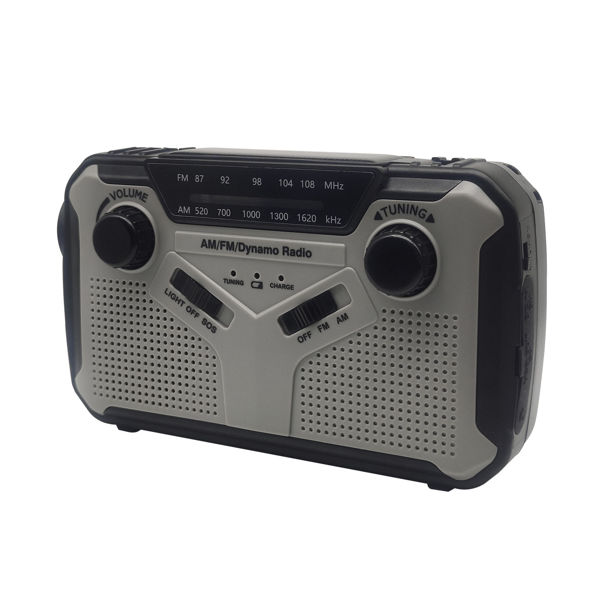 Grauer und schwarzer AM/FM/Dynamo-Radio mit Knöpfen für Lautstärke und Senderwahl.