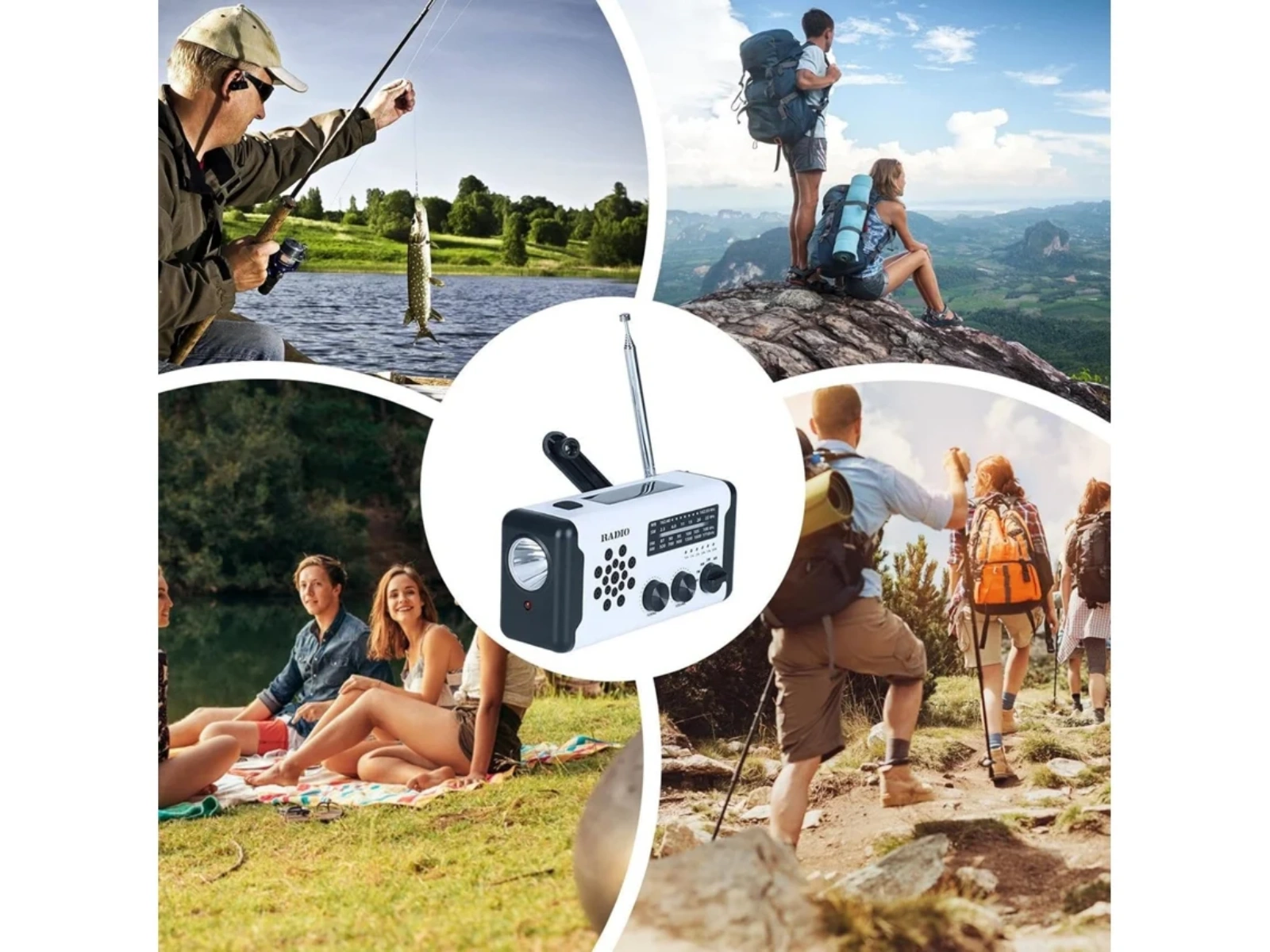 Collage zeigt Angeln, Wandern und Picknick mit einem Notfallradio im Zentrum.