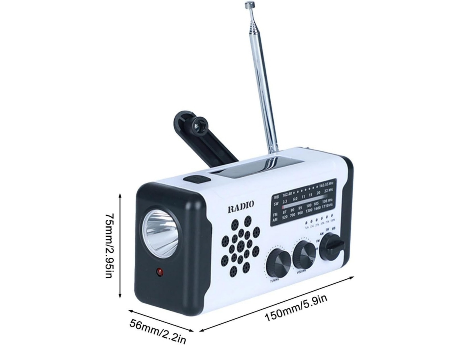 Ein tragbares Radio mit Kurbel, Taschenlampe und ausziehbarem Antennenstab.