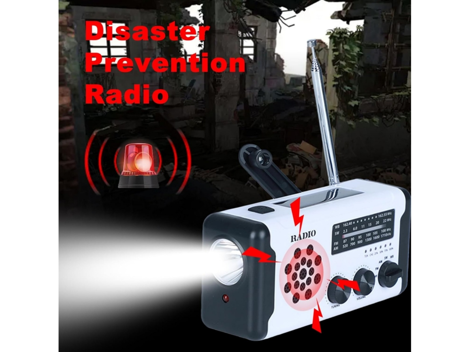 Ein Katastrophenschutzradio mit Taschenlampe und Kurbel im Hintergrund einer zerstörten Stadt.