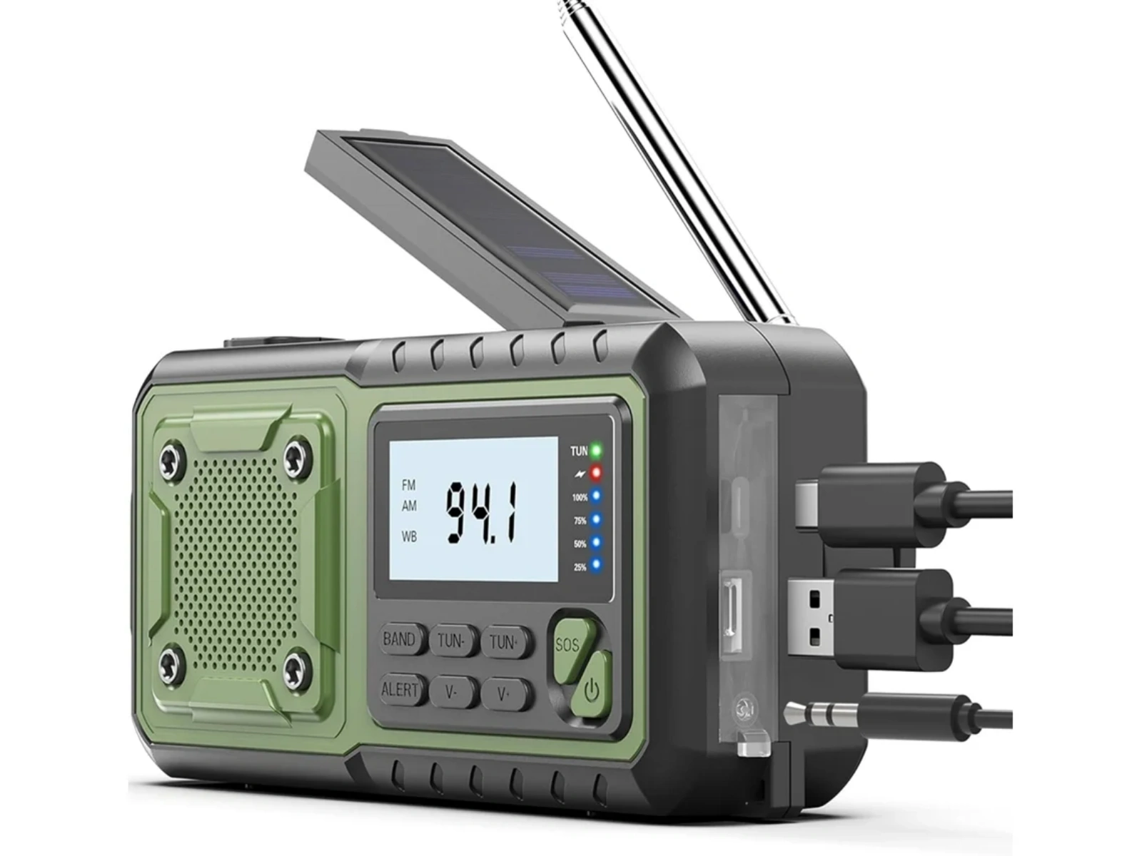 Grünes und schwarzes Radio mit Solarpanel, Antenne, Bildschirm und USB-Anschlüssen.