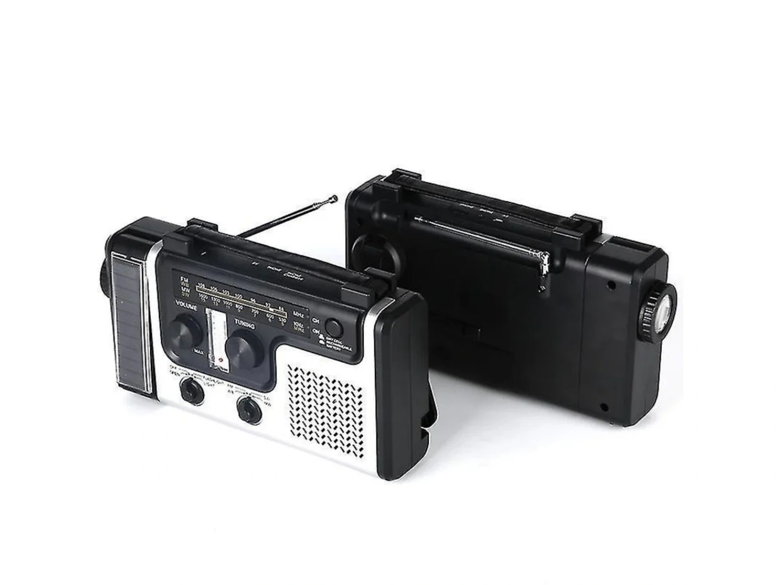 Zwei tragbare Radios, eines silber-schwarz, das andere schwarz, mit Antennen.
