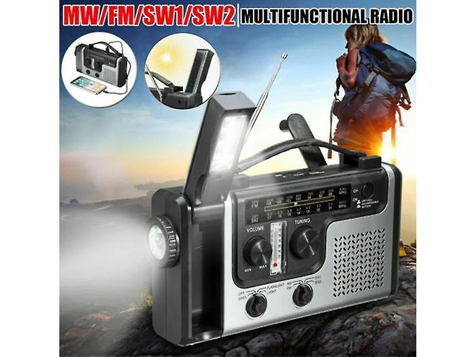 Tragbares Multifunktionsradio mit Licht und eingebauter Taschenlampe, für den Außeneinsatz.