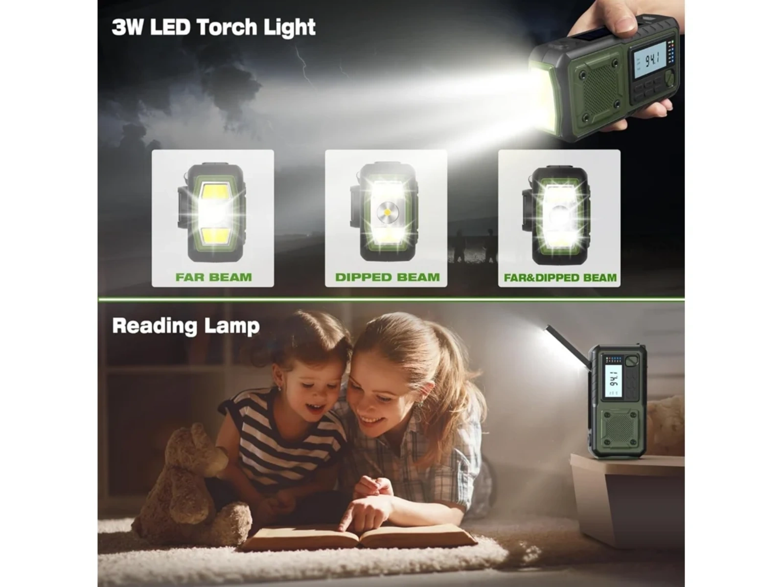 Grüne Taschenlampe mit Fernlicht, Abblendlicht und Leseleuchte für Mutter und Kind.