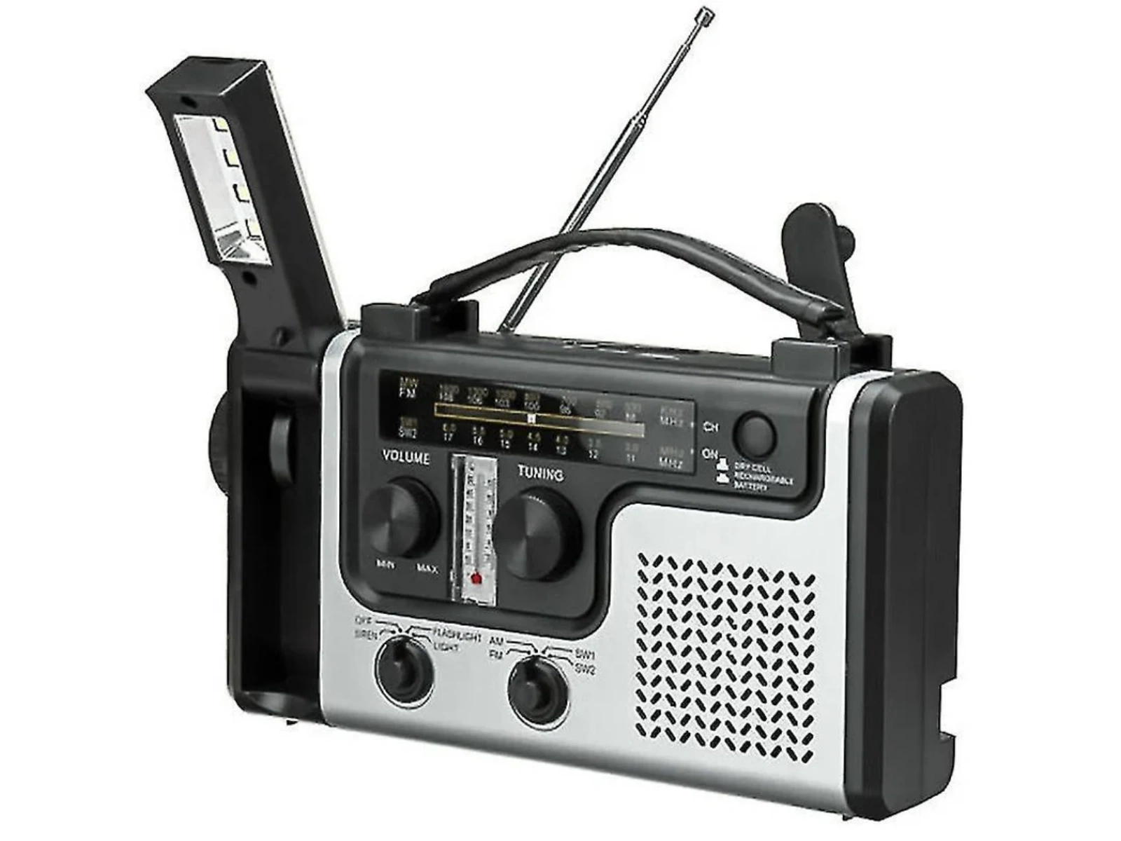 Ein tragbares Radio mit Taschenlampe und Antenne. Schwarze und silberne Oberflächen.