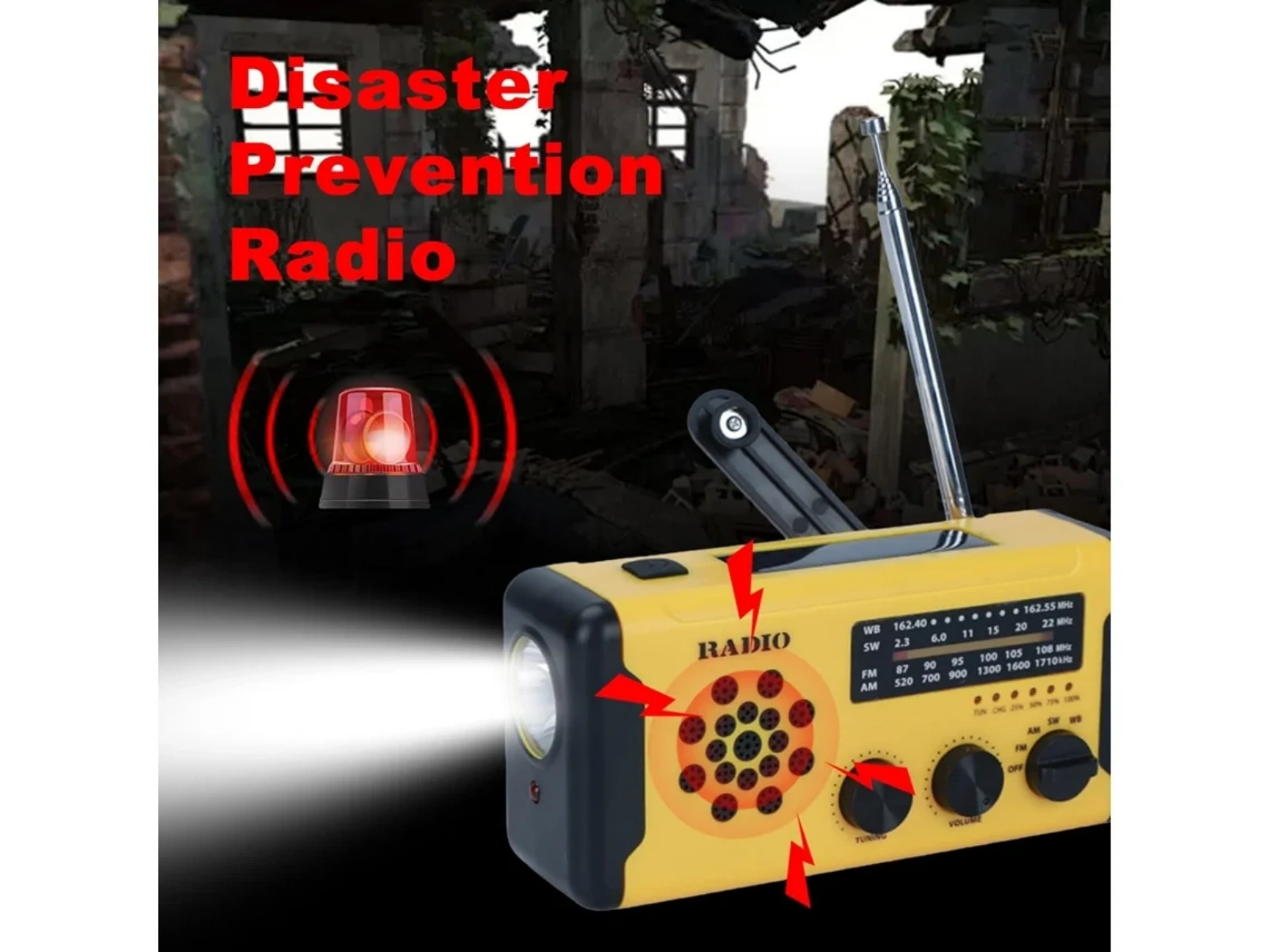 Ein gelbes Katastrophenradio mit Taschenlampe steht vor zerstörten Gebäuden.