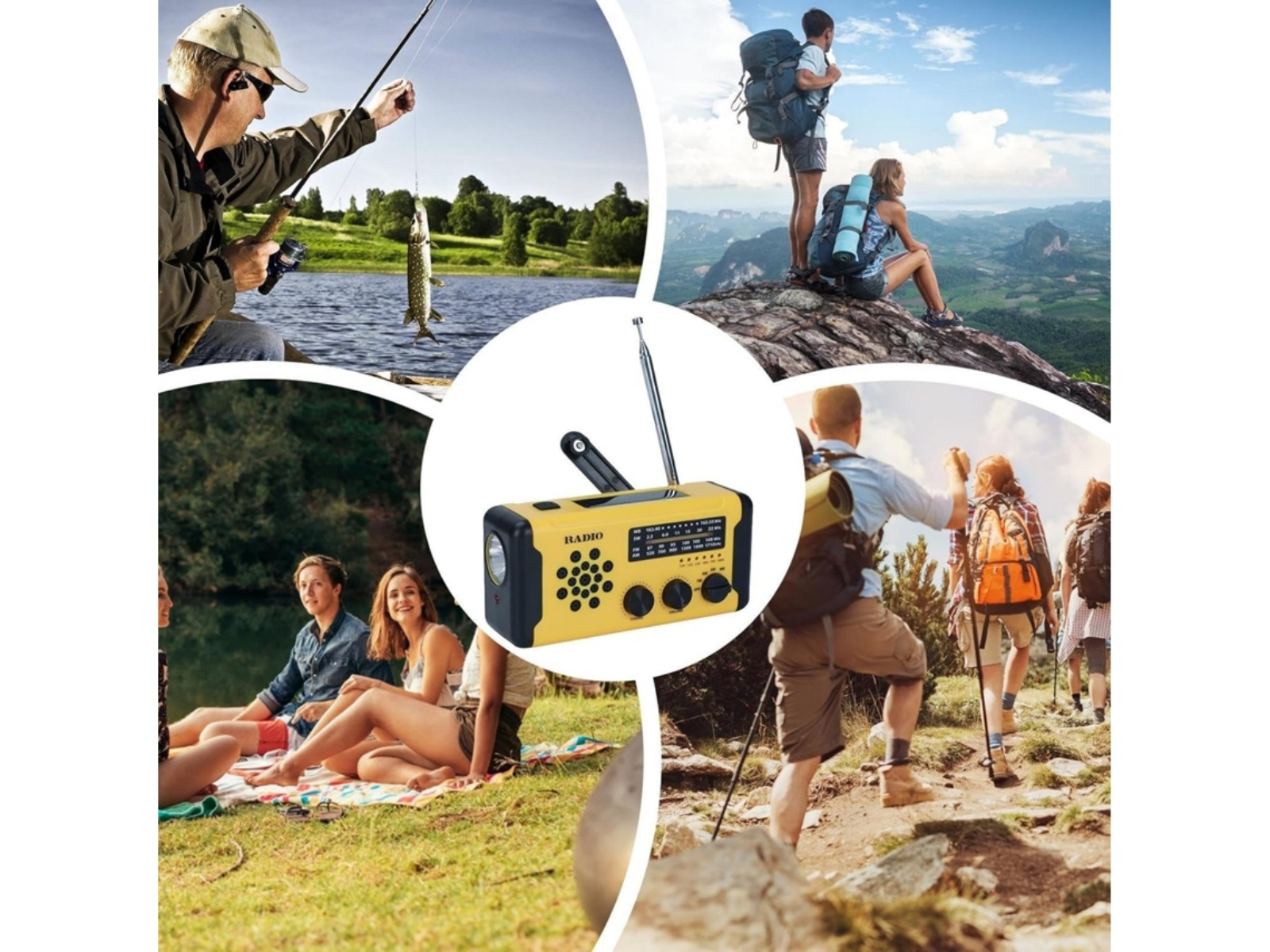 Collage zeigt Angeln, Wandern, Camping und ein Kurbelradio.
