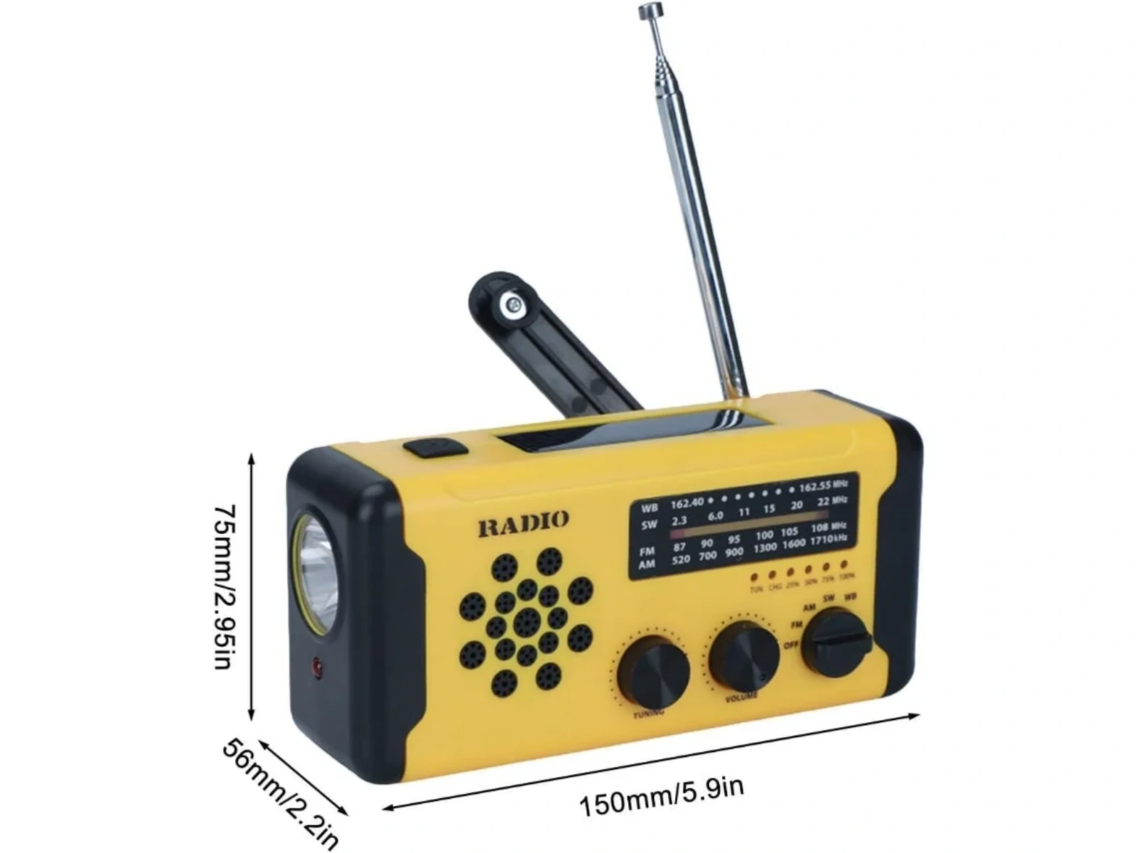 Ein gelbes und schwarzes Notfallradio mit Taschenlampe, Antenne und Bedienelementen.
