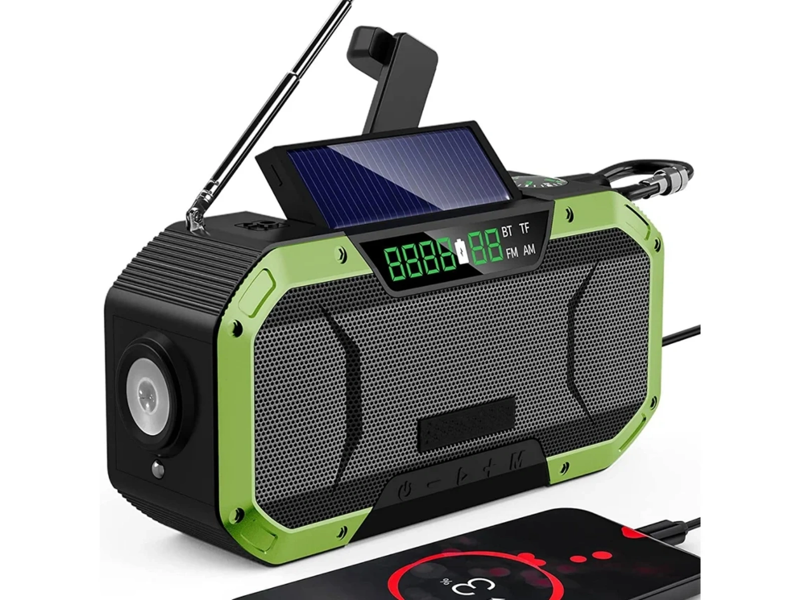 Grüner und schwarzer tragbarer Lautsprecher mit Solarpanel, Antenne und Blitzlicht.