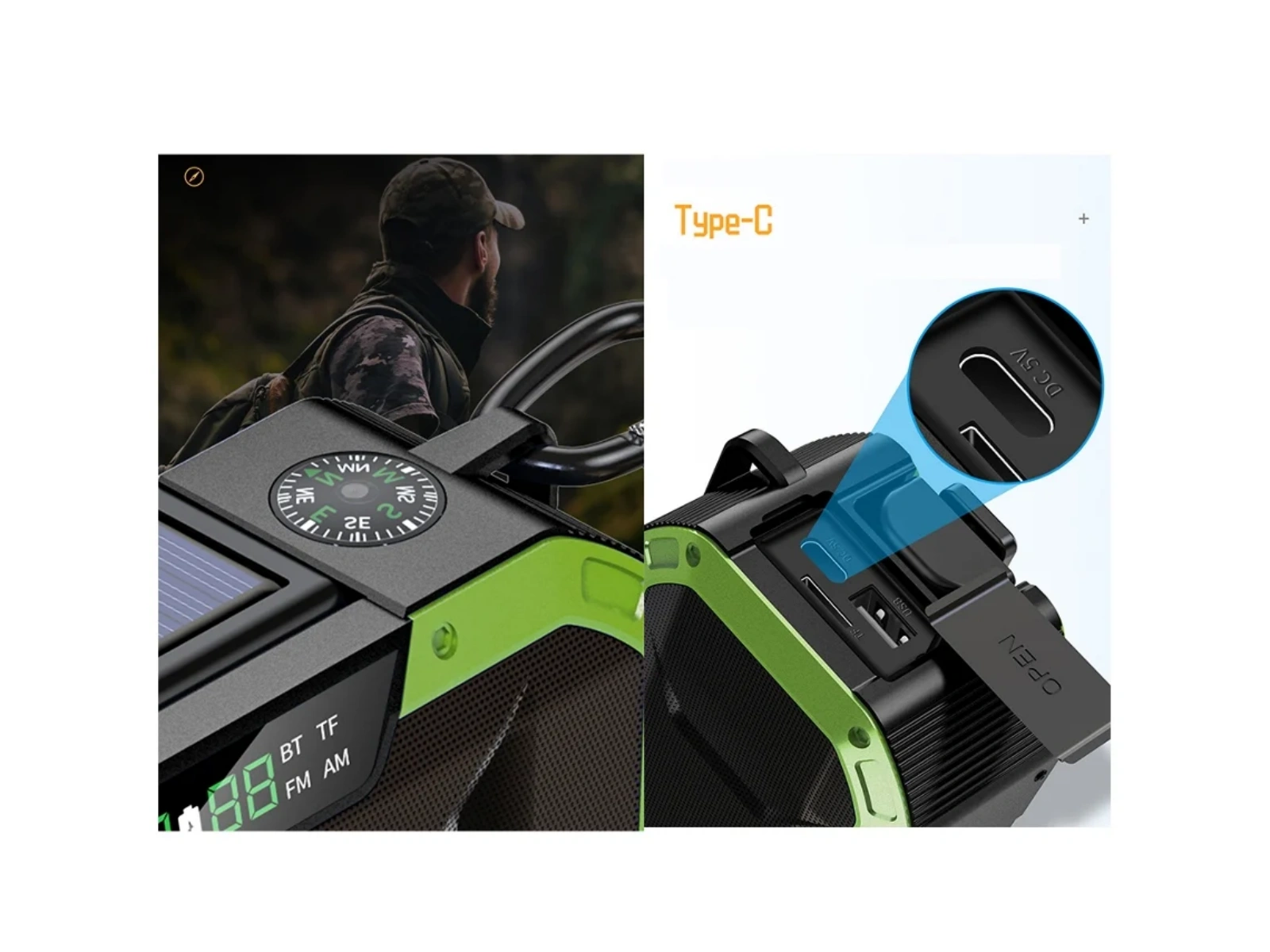 Ein Mann mit Hut blickt weg. Ein Radio mit Kompass und Solarpanel.
