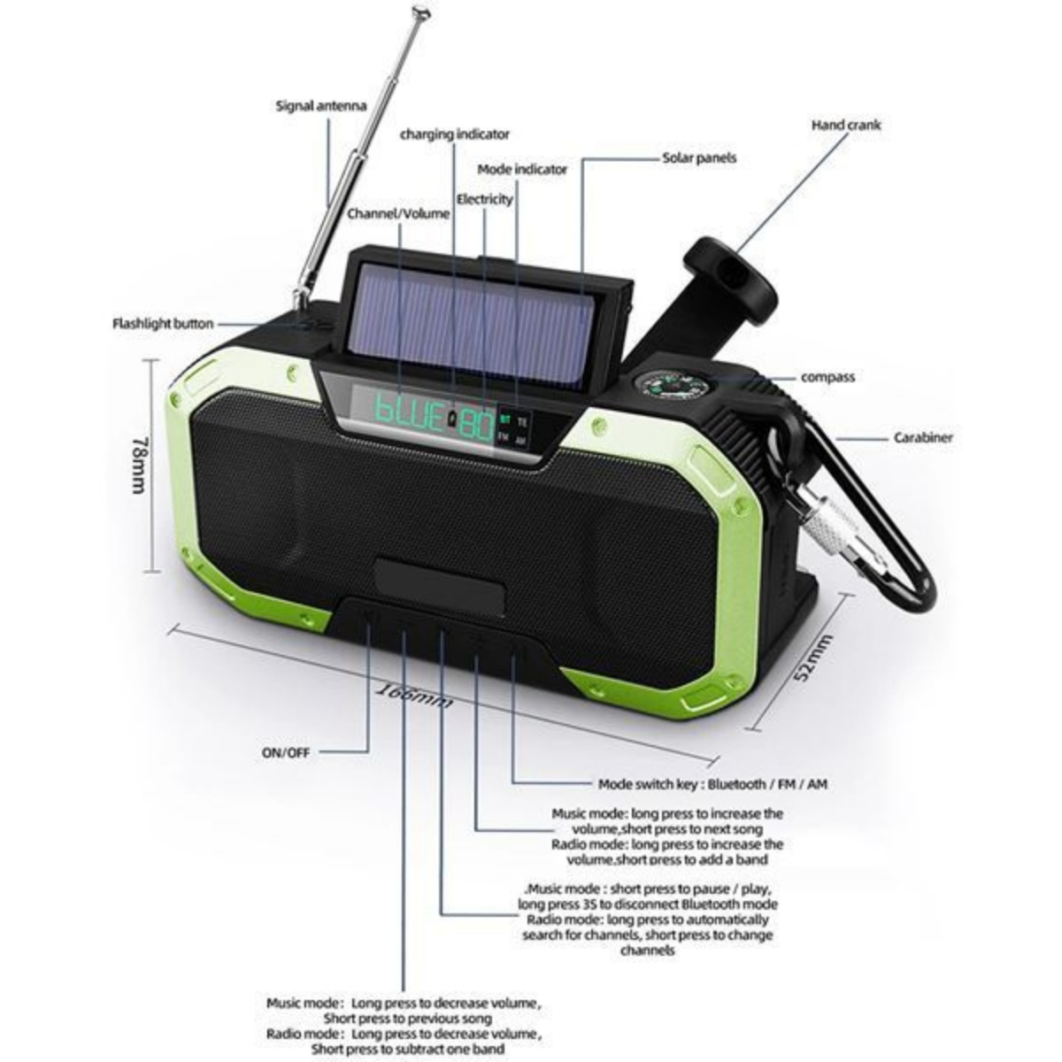 Ein tragbares Radio mit Solarpanel, Handkurbel, Kompass und Karabinern.