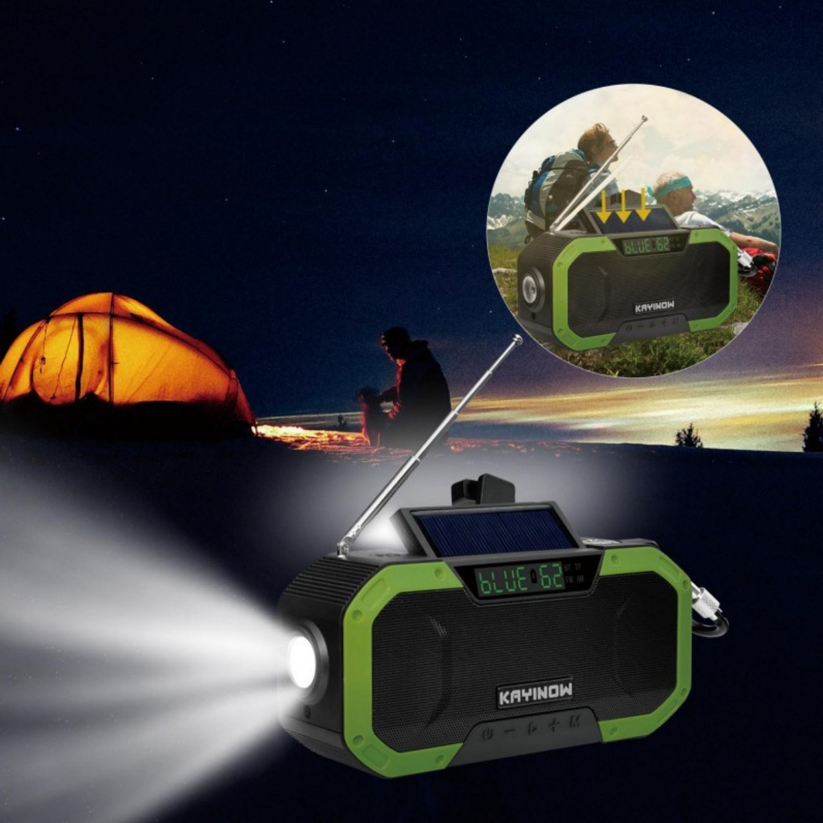 Grüner Radio-Lautsprecher mit Solarpanel, Taschenlampe leuchtet, Camping im Hintergrund.