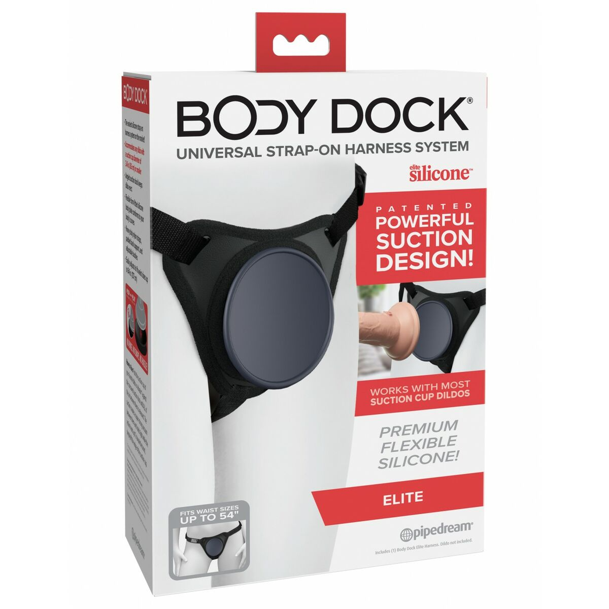 Embalaje de un arnés negro Body Dock Elite con diseño de succión.