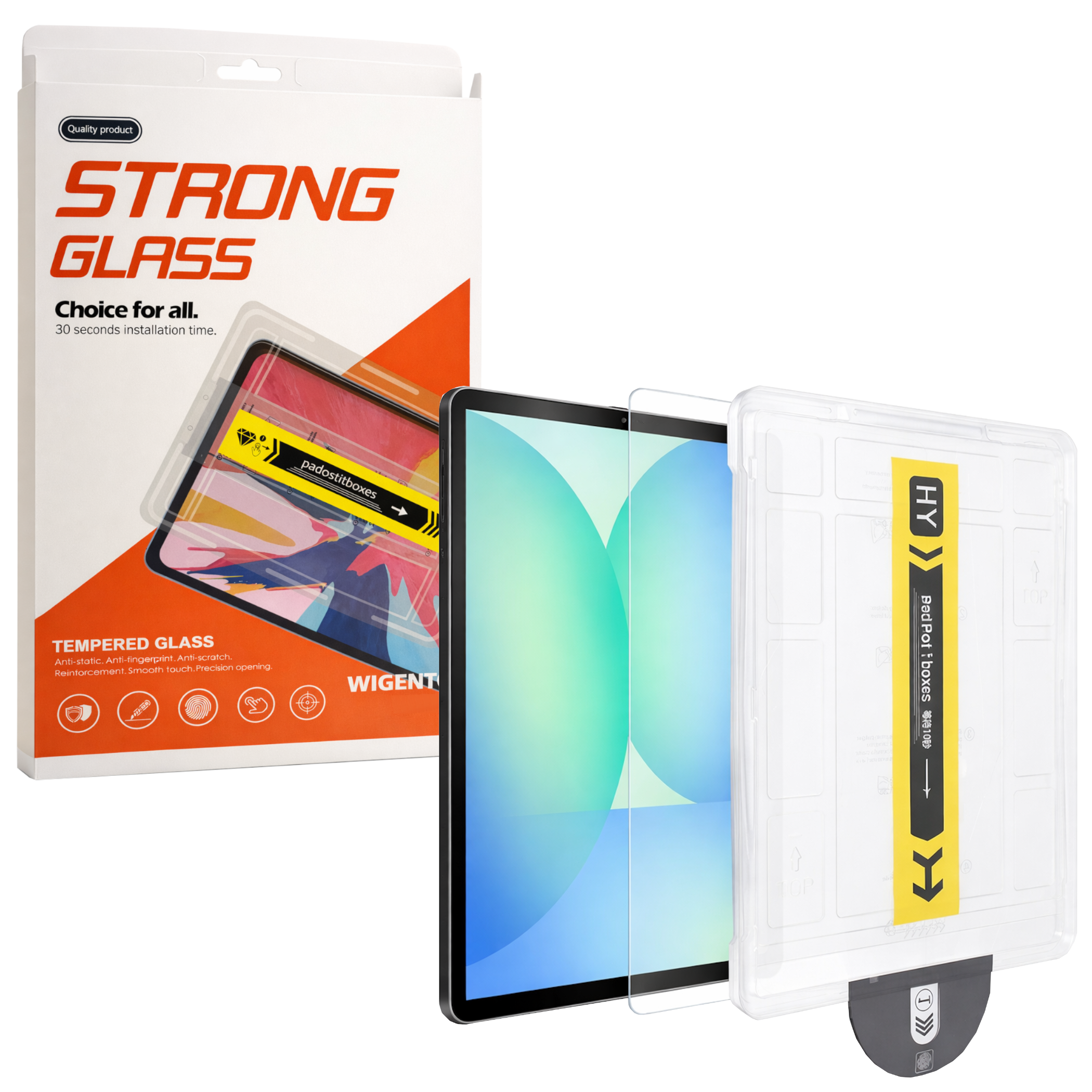 Confezione per protezione schermo con tablet, custodia trasparente e istruzioni.