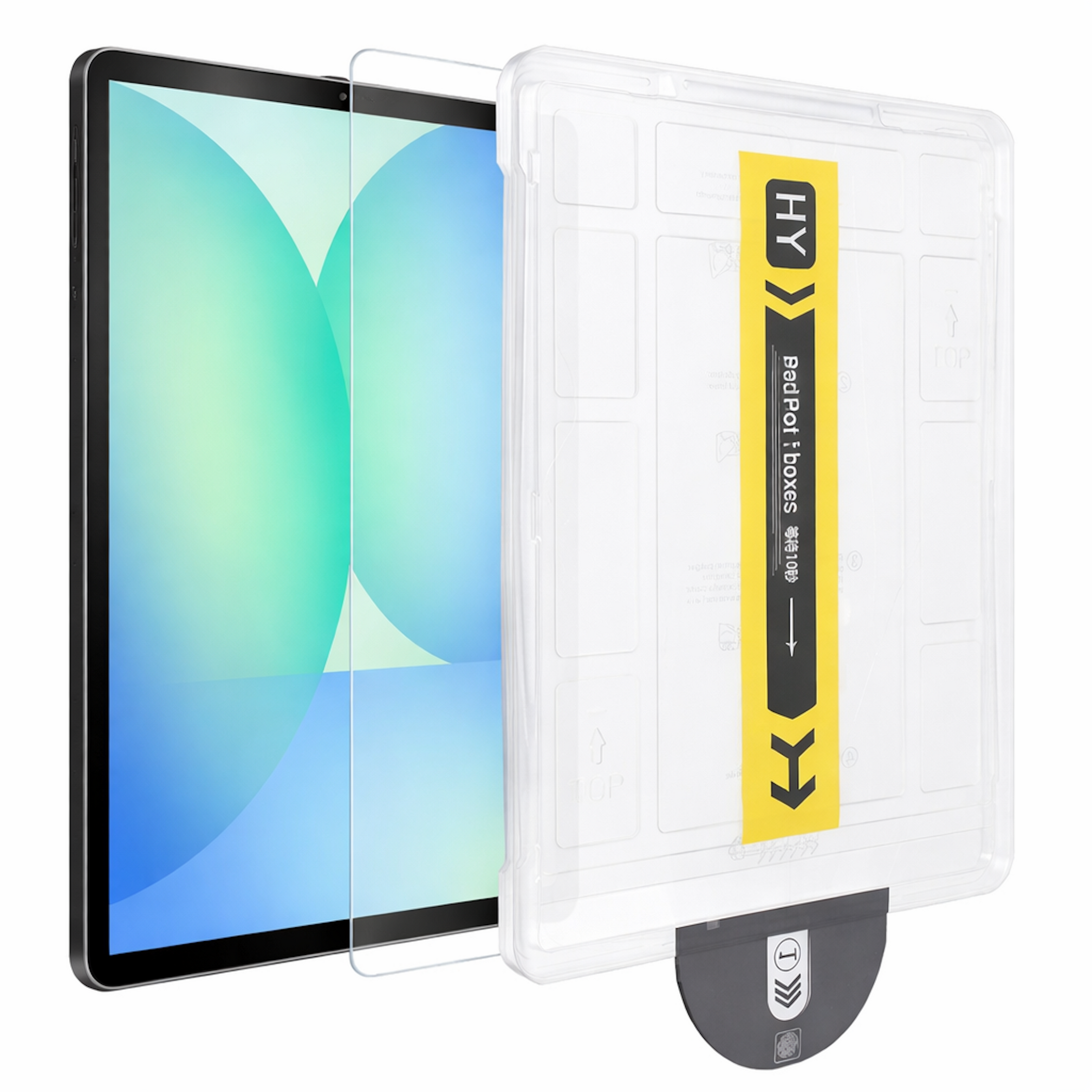 Un tablet con protezione schermo accanto a una custodia protettiva trasparente con etichetta gialla.