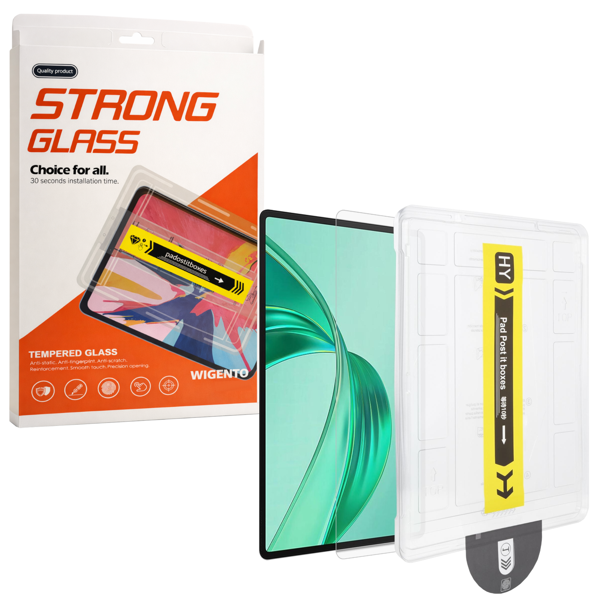 Verpackung für Displayschutzfolie mit Tablet. Starkes Glas, 30 Sek. Installation.