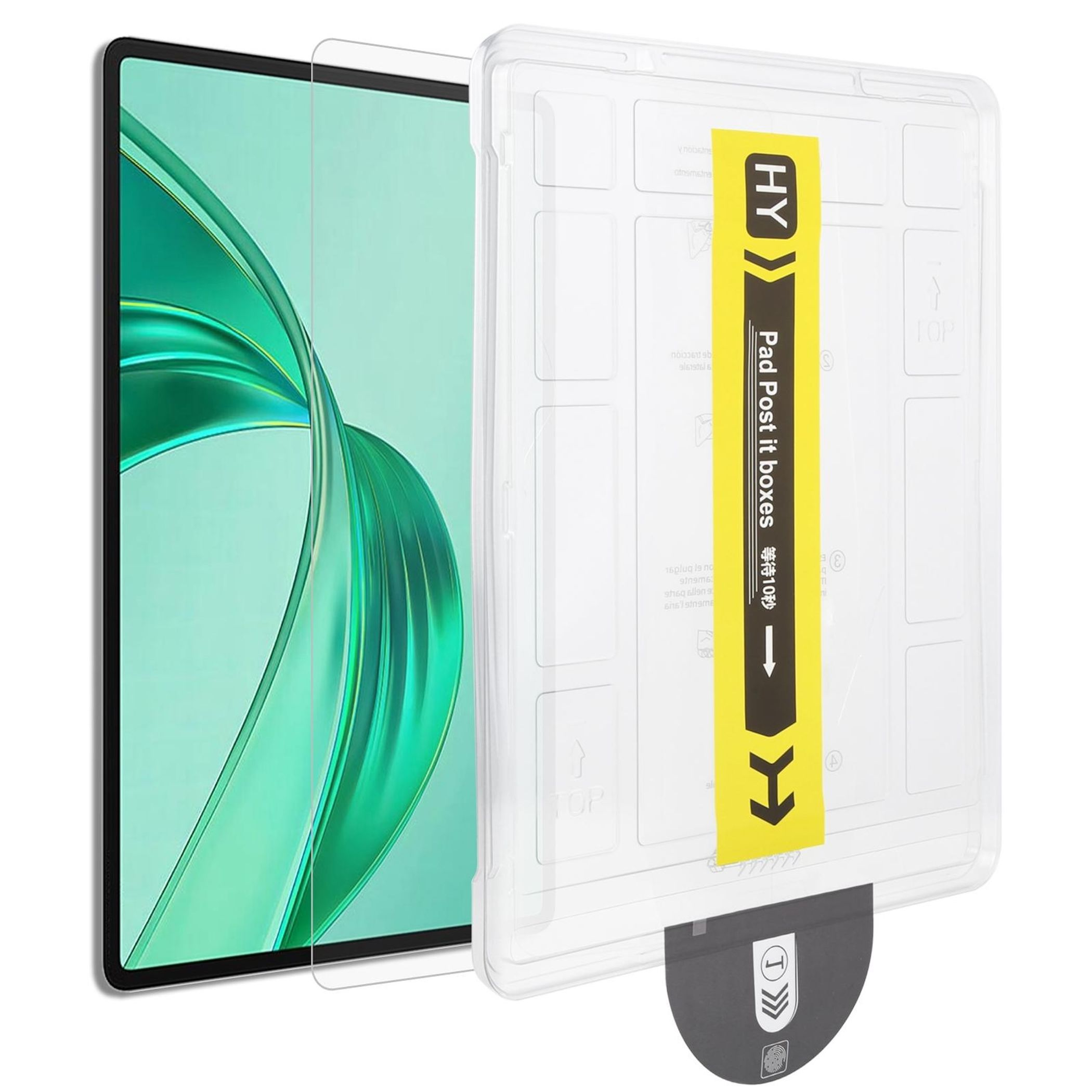 Ein Tablet mit Displayschutz und Verpackung.