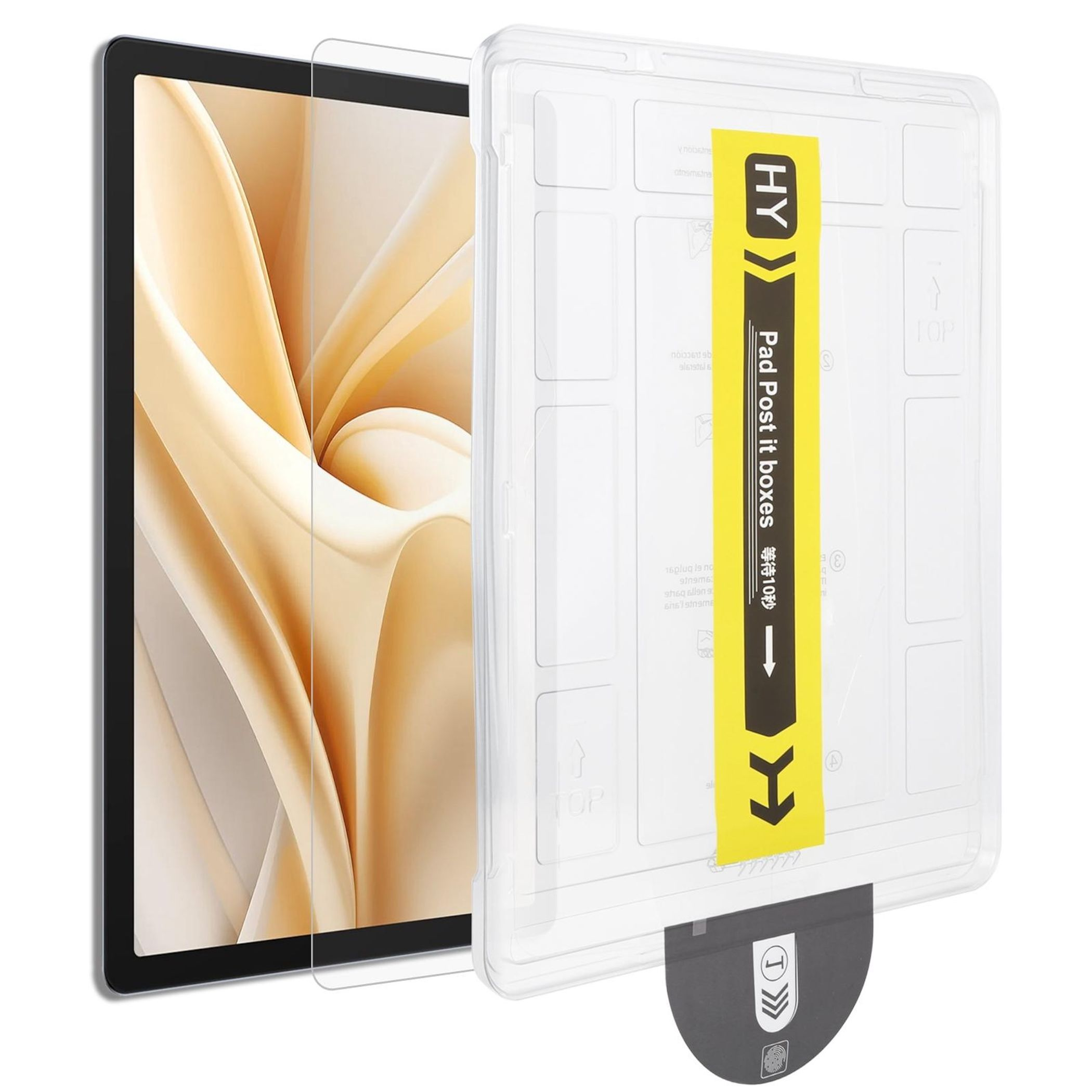 Ein Tablet mit Displayschutzfolie und Verpackung.
