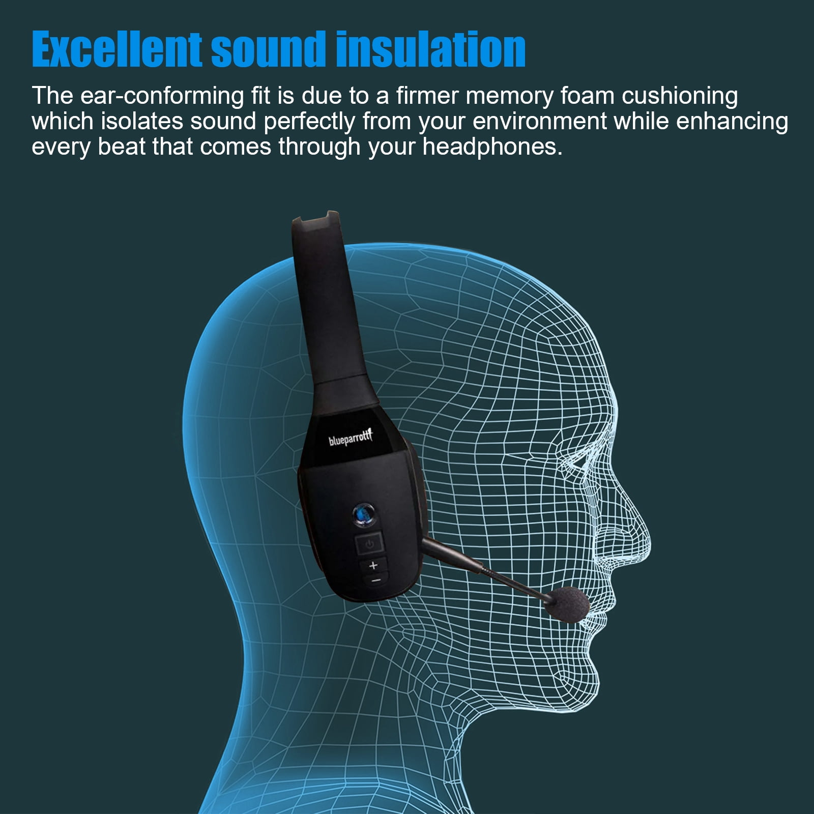Ein schwarzes Headset mit Mikrofon auf einem blauen Drahtmodell eines Kopfes.