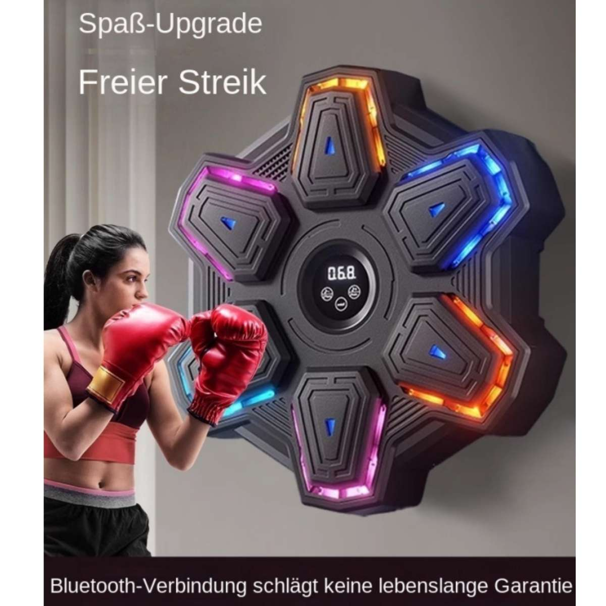 Eine Frau mit Boxhandschuhen trainiert an einem leuchtenden Schlagpolster mit verschiedenen Farben.