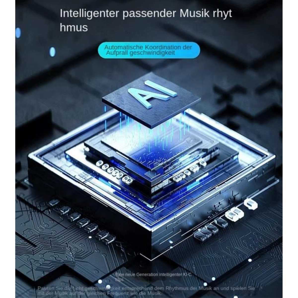 Ein AI Chip auf einer Leiterplatte mit blauen Lichtern, die Technologie zeigt.