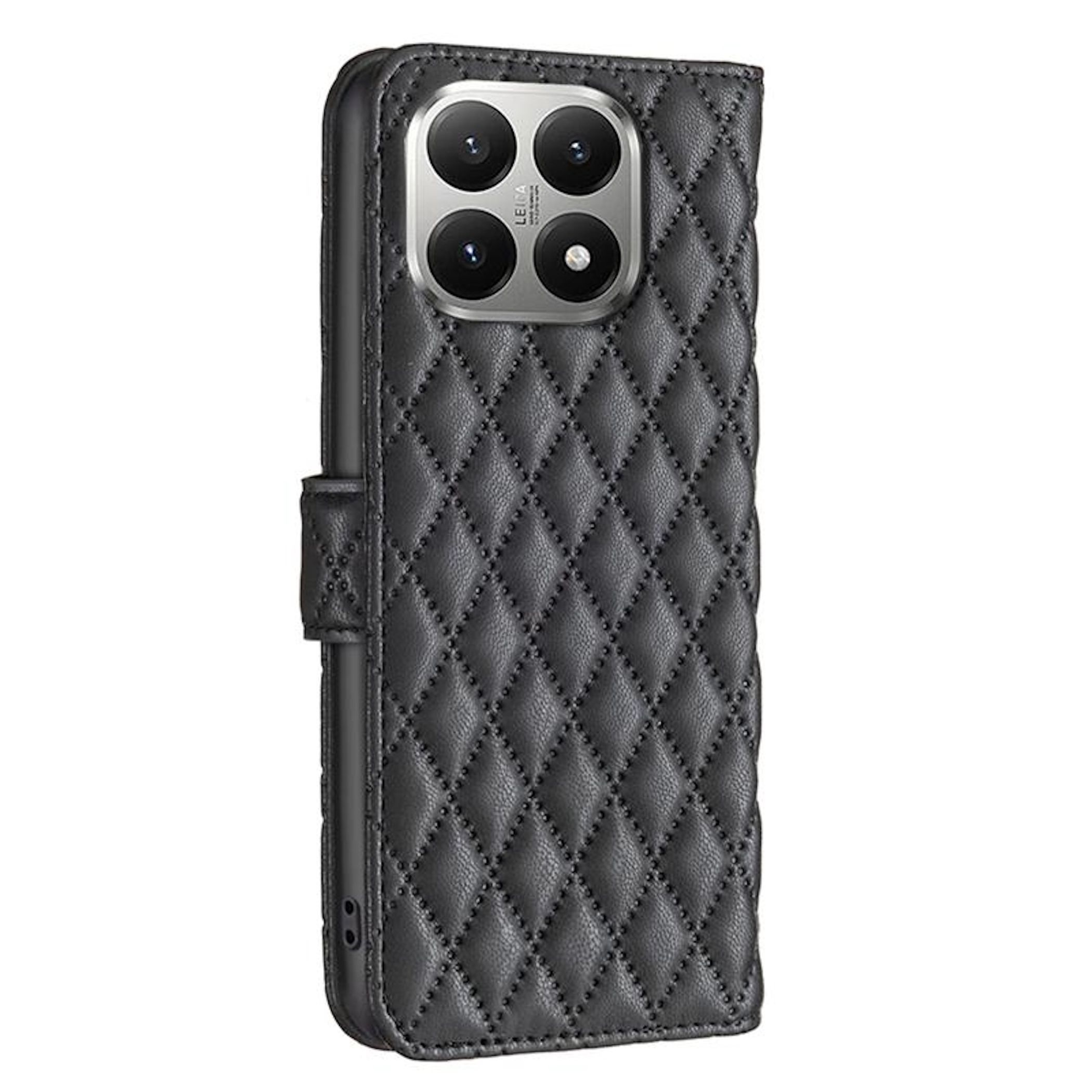 Funda de cuero negra con costuras de diamantes y recorte de cámara.