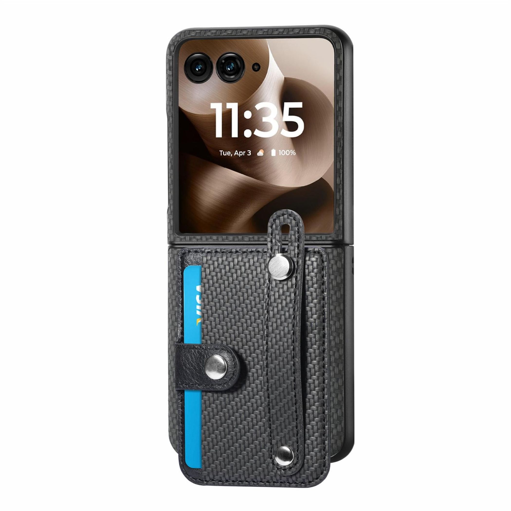 Ein geschlossenes, dunkles Falttelefon mit einer Brieftasche und einer blauen Karte.