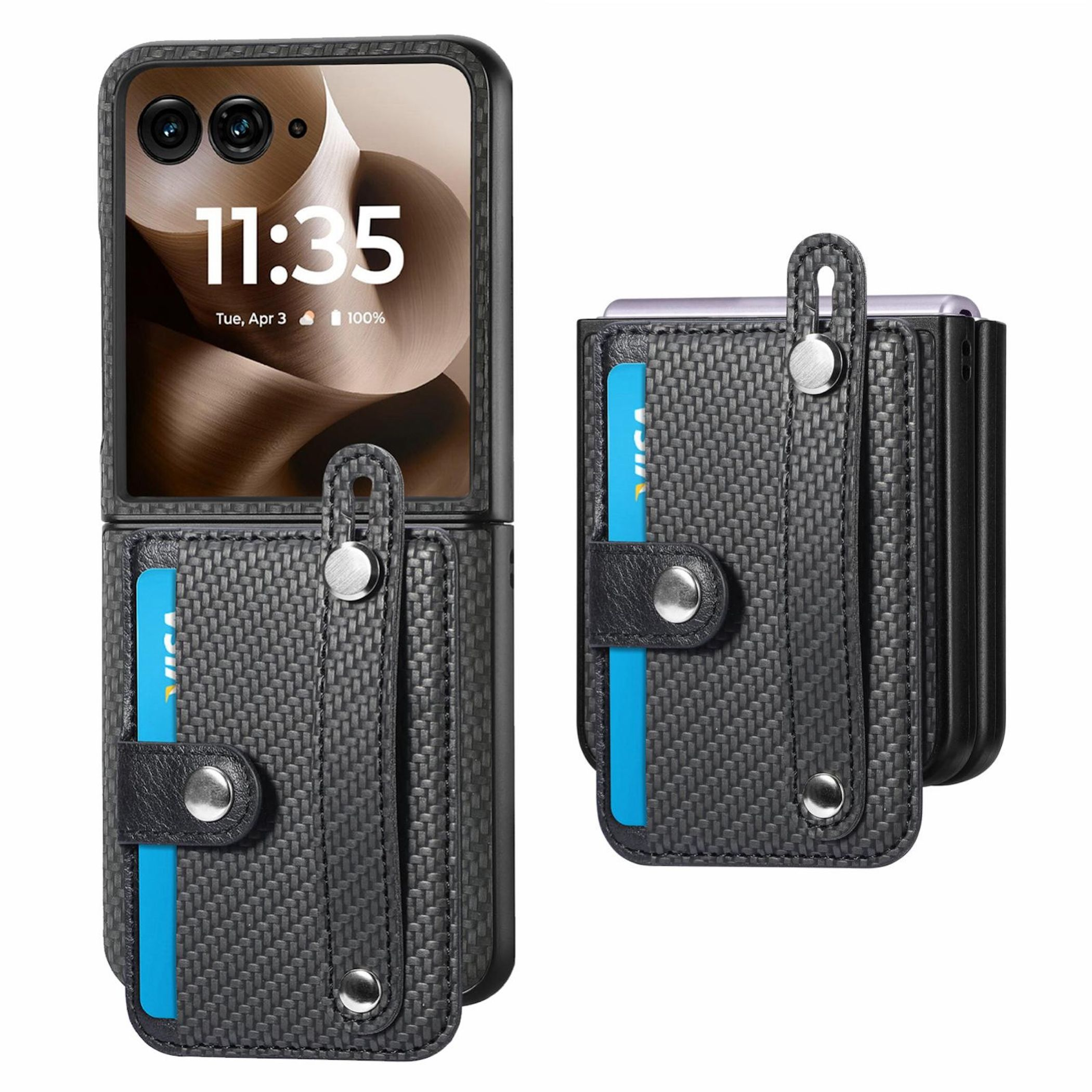 Ein aufklappbares Handy mit schwarzer Hülle und Kartenhalter. Die Uhrzeit 11:35 wird angezeigt.