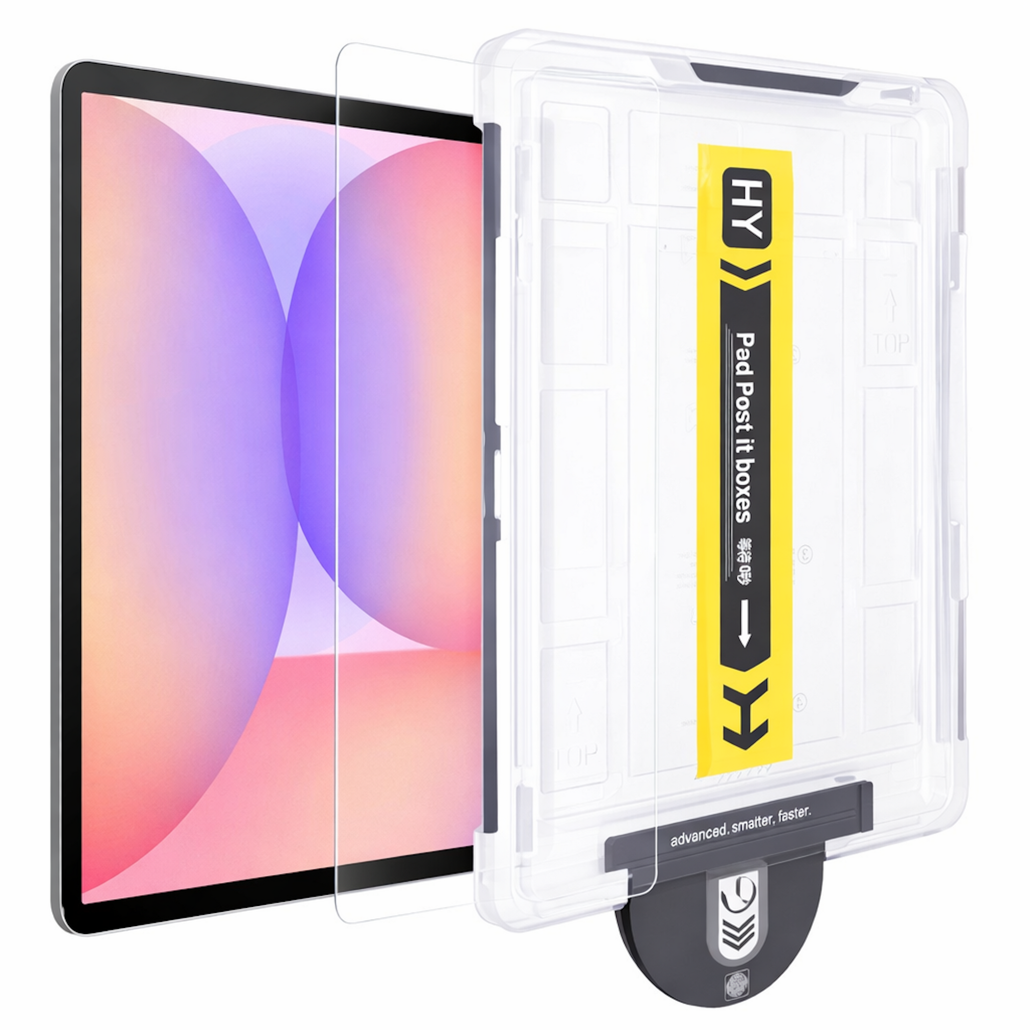 Un tablet con protezione schermo e custodia di installazione trasparente.