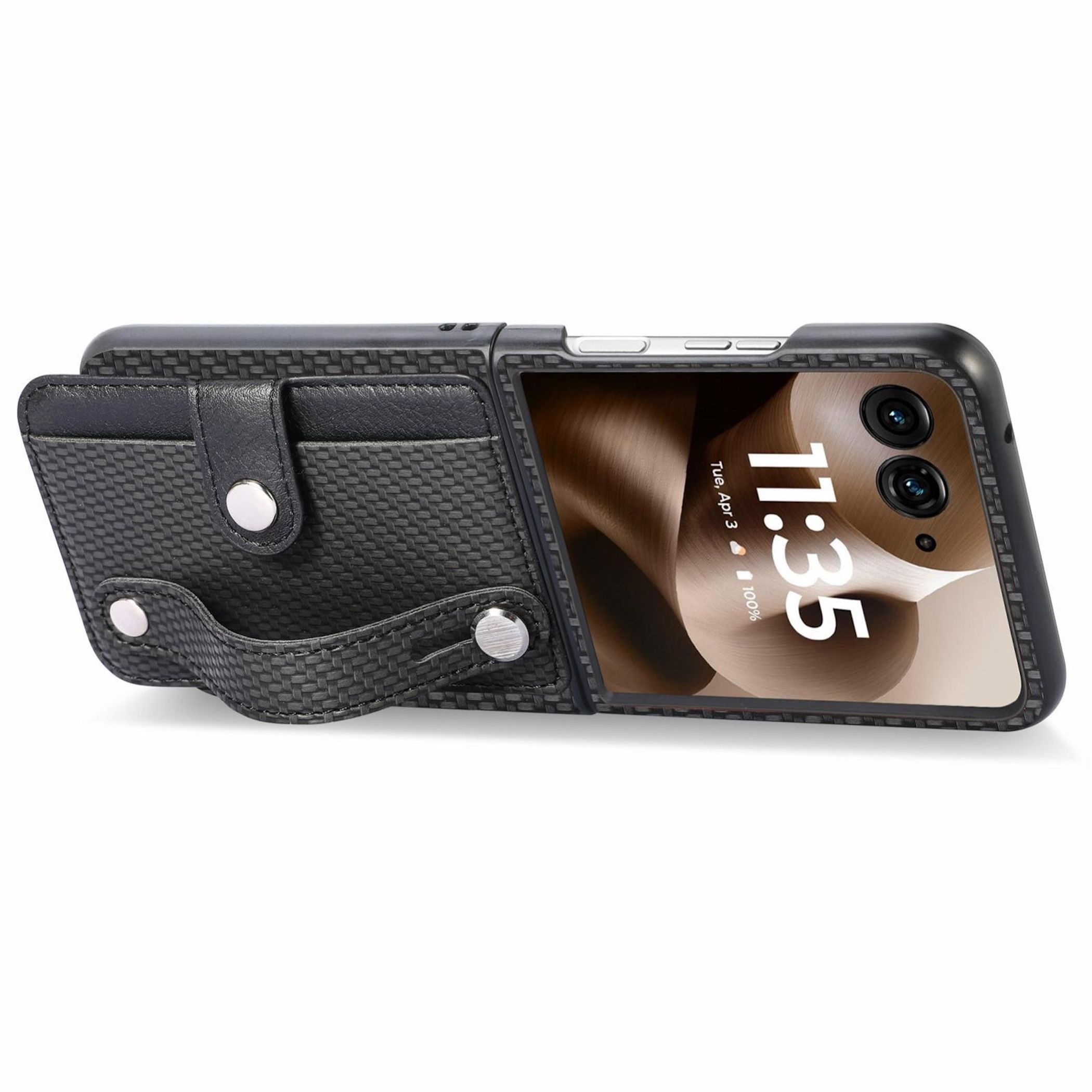 Schwarzes Handy mit Carbon-Textur-Hülle, aufklappbare Geldbörse mit Kartenfach.