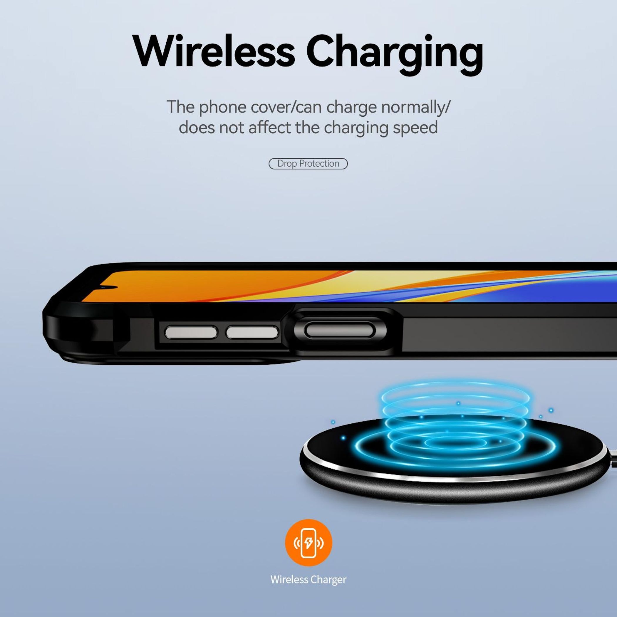 Ein schwarzes Handy mit einem orange-blauen Muster wird kabellos geladen.